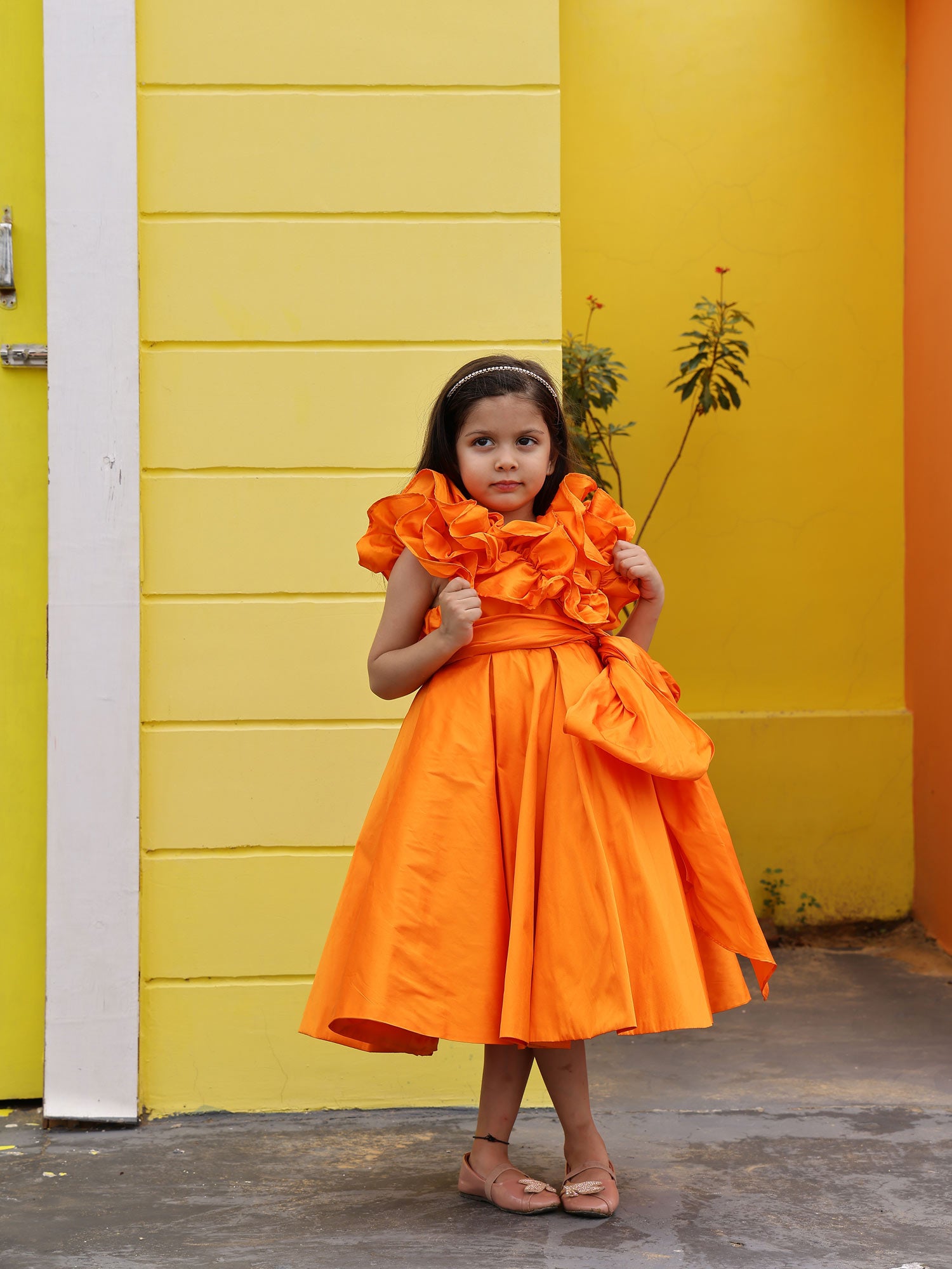 Sale Orange Taffeta Ruffle Bow Dress