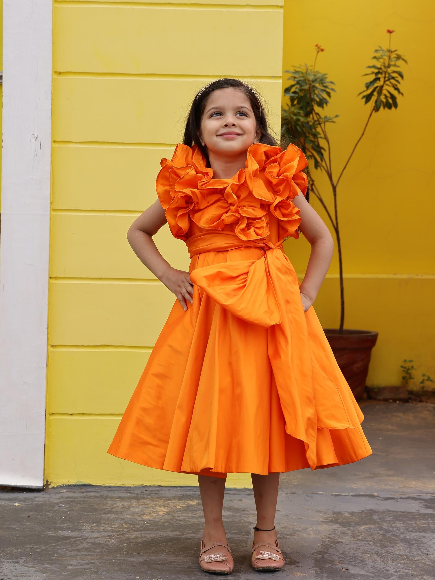 Sale Orange Taffeta Ruffle Bow Dress