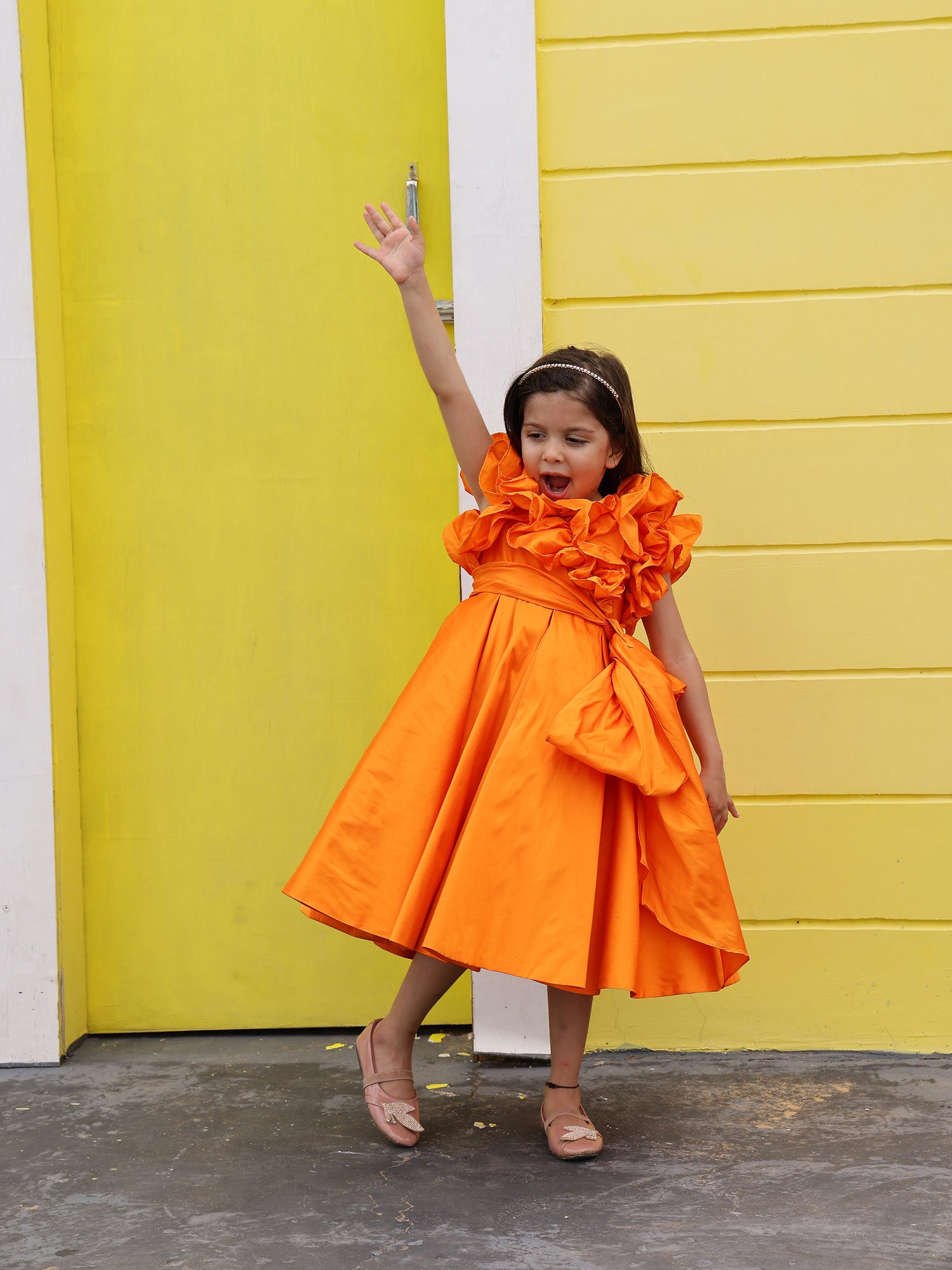 Sale Orange Taffeta Ruffle Bow Dress