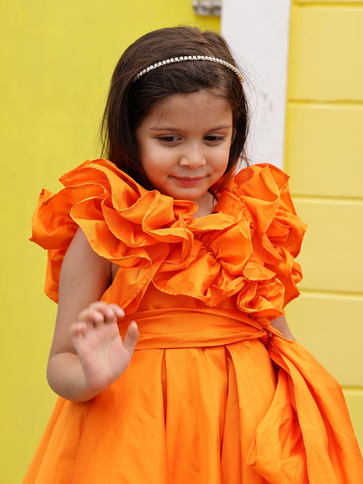 Sale Orange Taffeta Ruffle Bow Dress