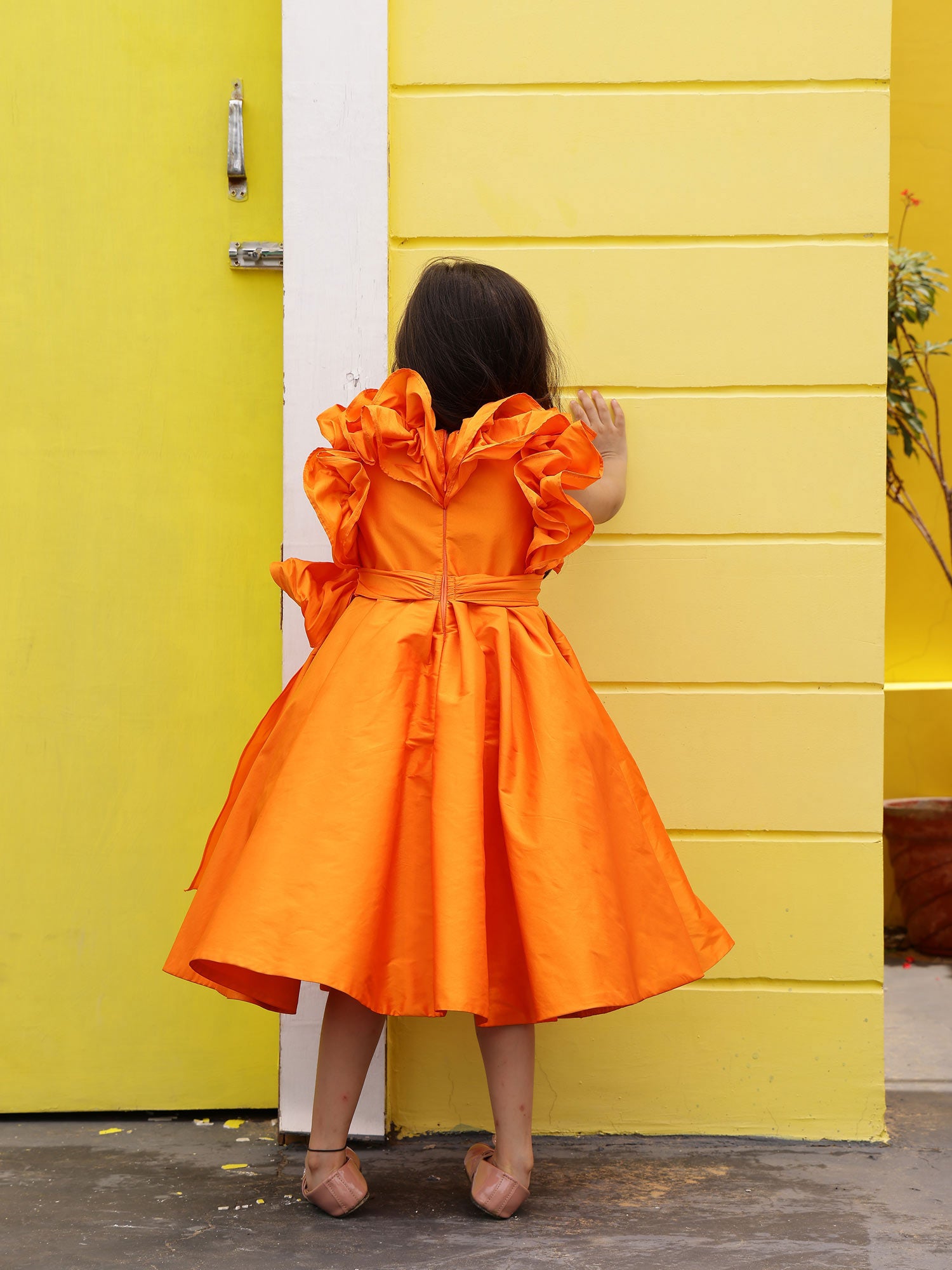 Sale Orange Taffeta Ruffle Bow Dress