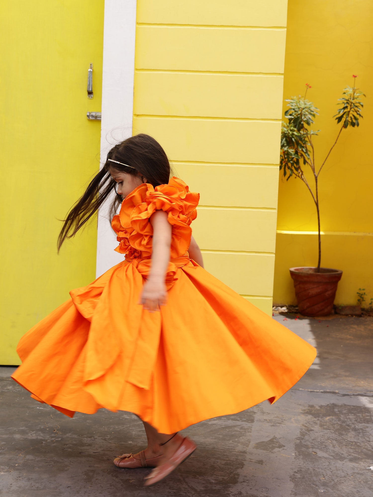 Sale Orange Taffeta Ruffle Bow Dress