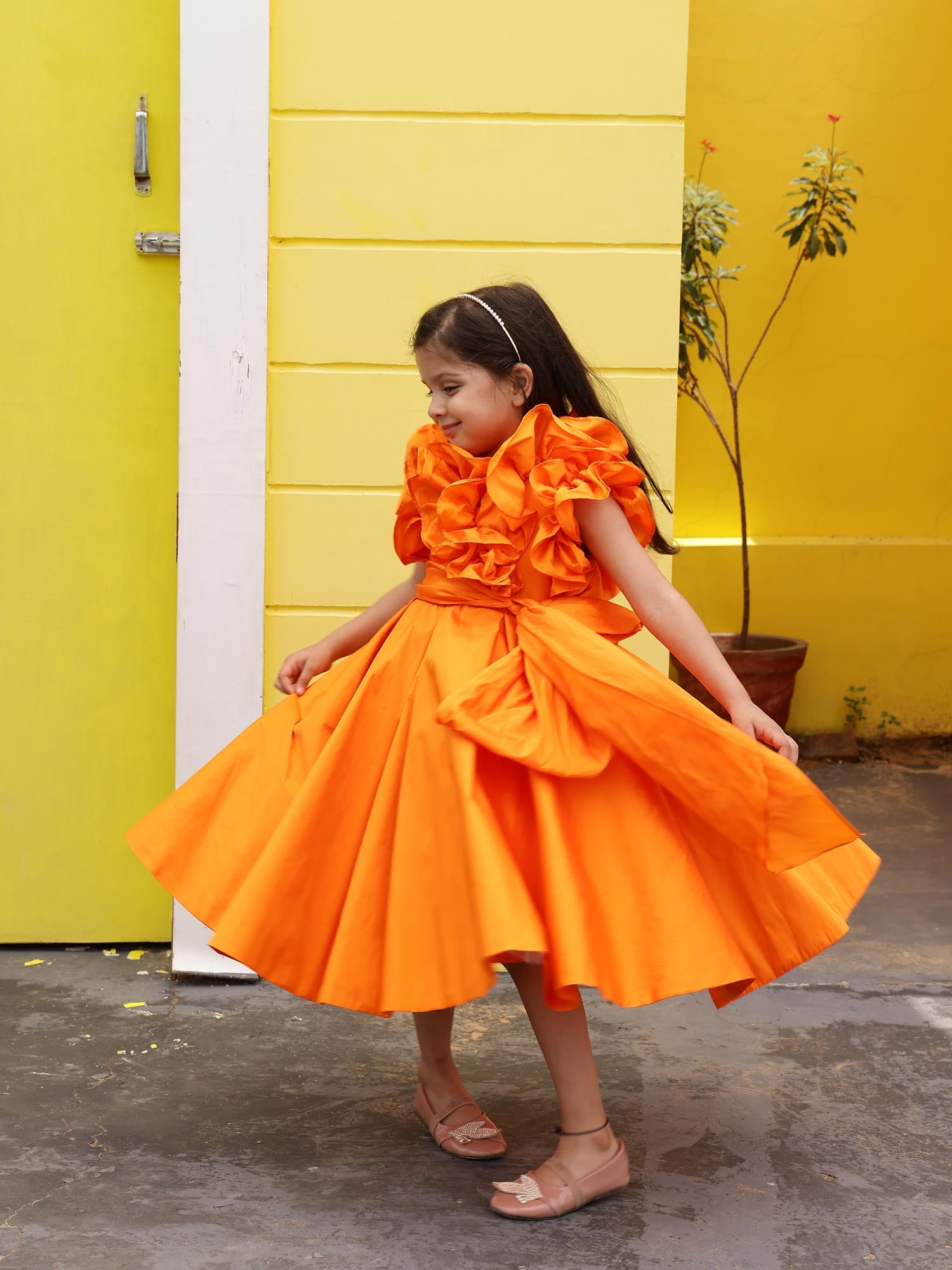 Sale Orange Taffeta Ruffle Bow Dress