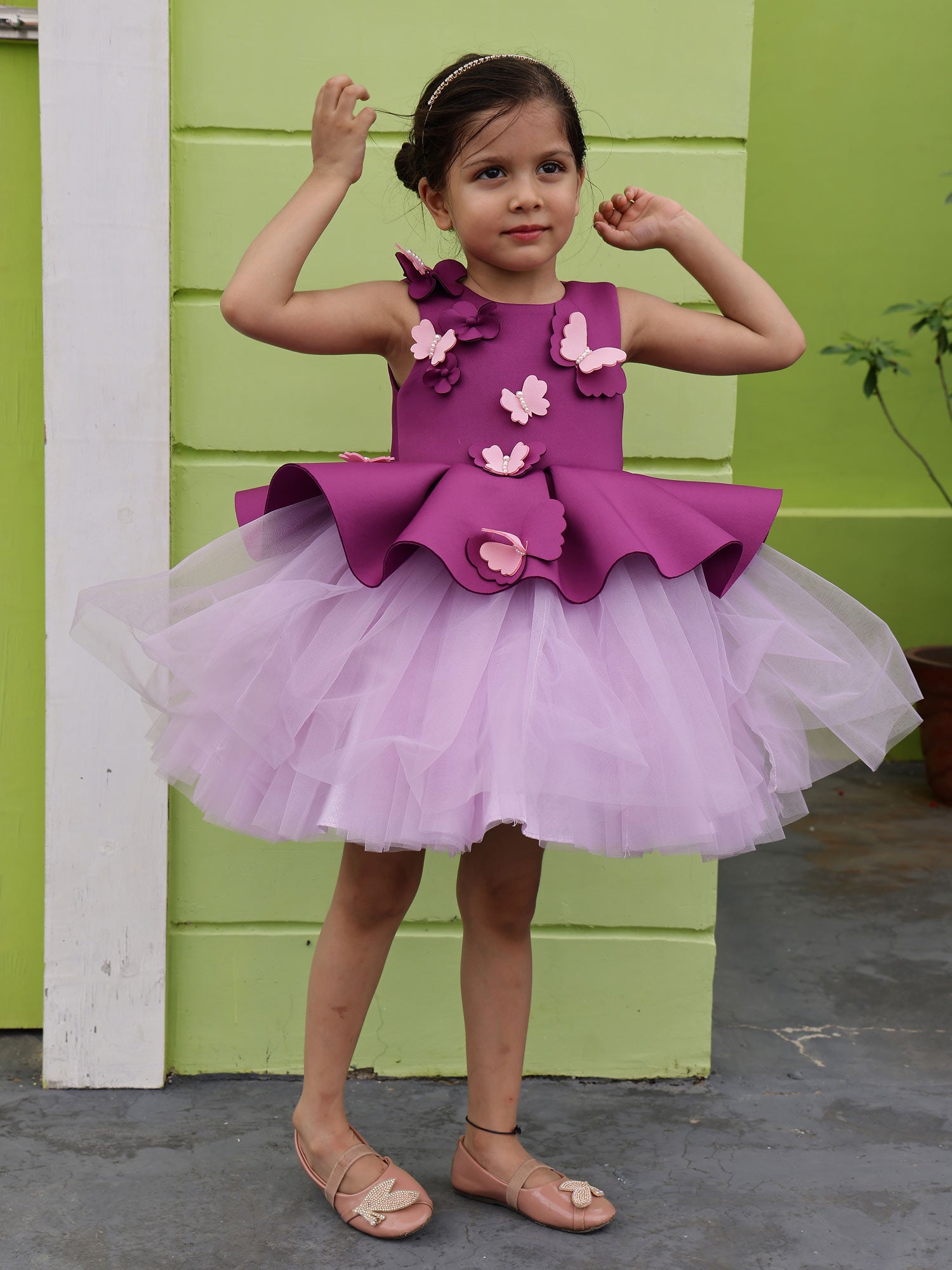 Butterfly Party Wear Peplum Dress With Hair Accessory
