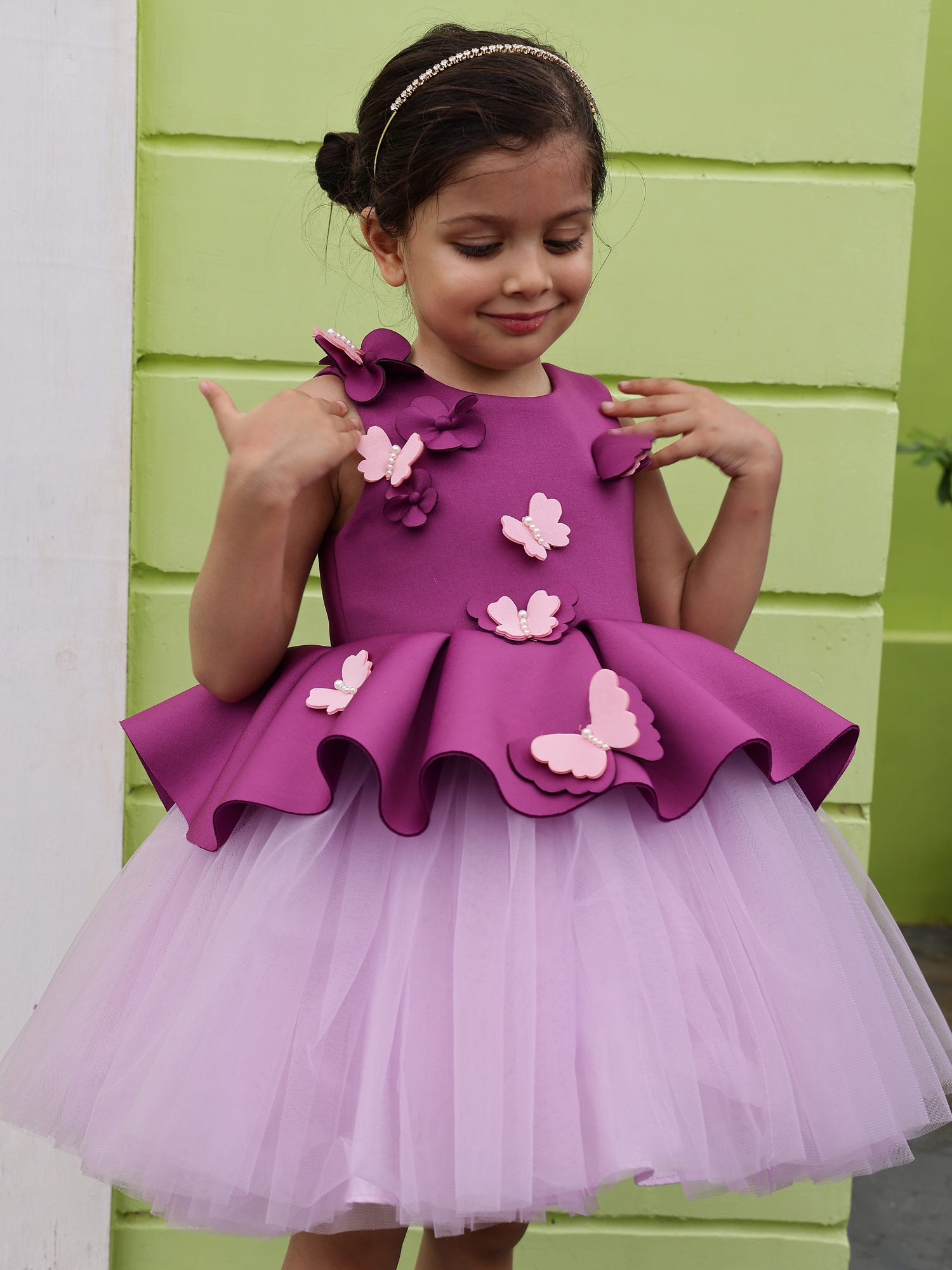 Butterfly Party Wear Peplum Dress With Hair Accessory