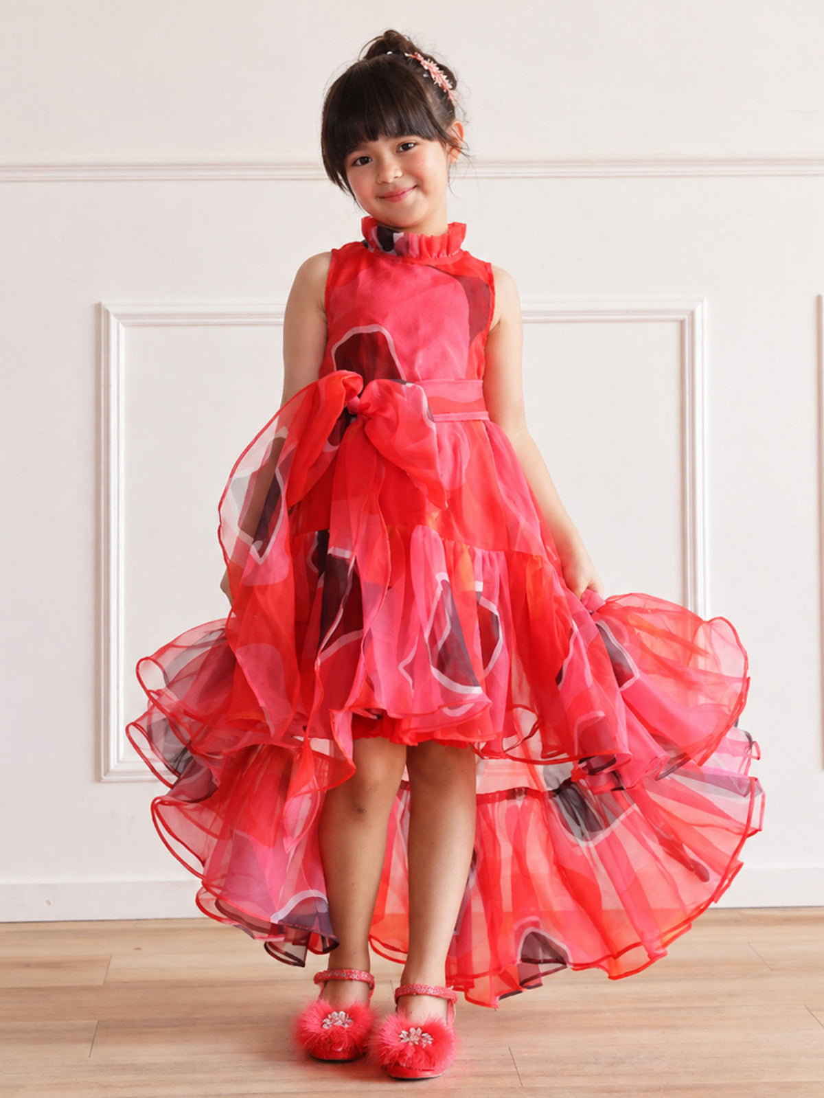 Red Abstract Print Organza High-Low Dress