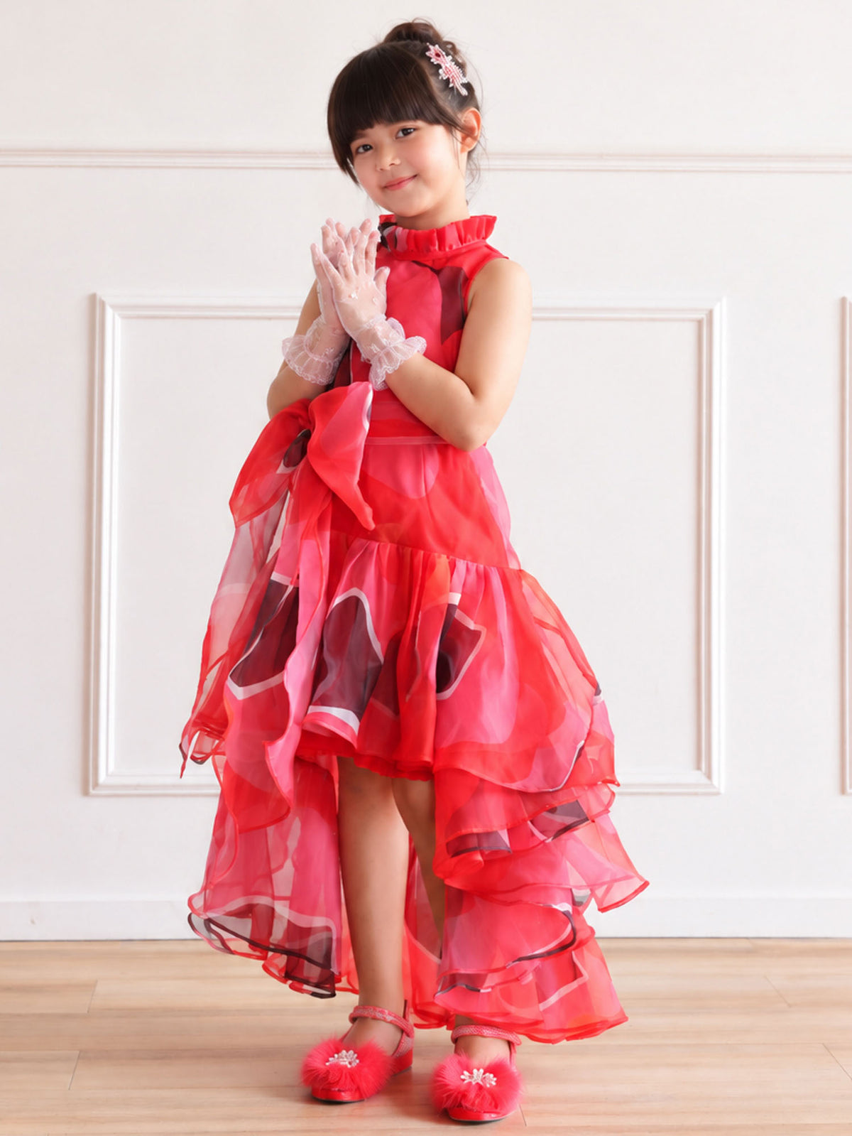 Red Abstract Print Organza High-Low Dress