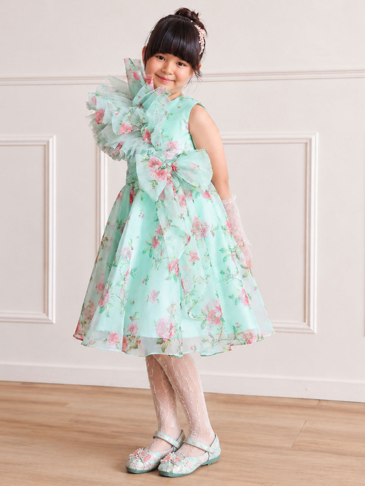 Girls Whimsy Floral Green Ruffle Bow Party Dress