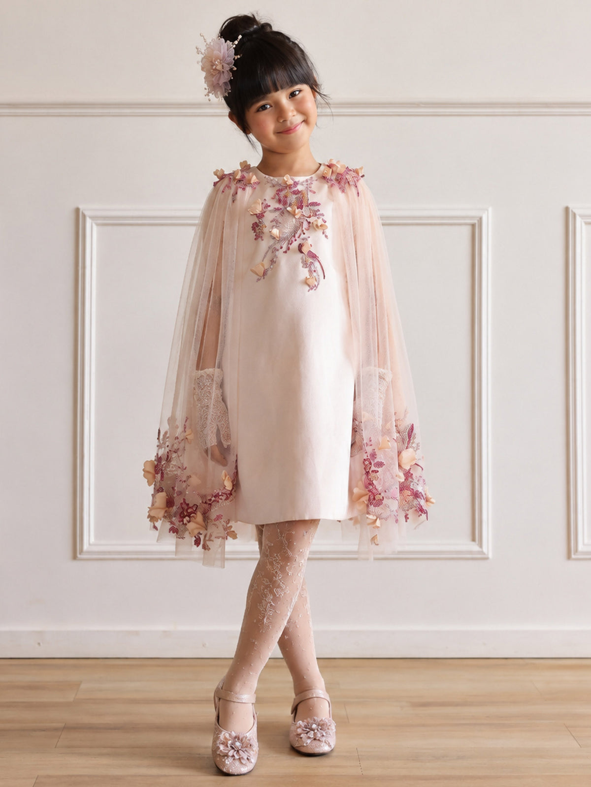 Serenade Blush Dress with 3D Embroidered Tulle Cape