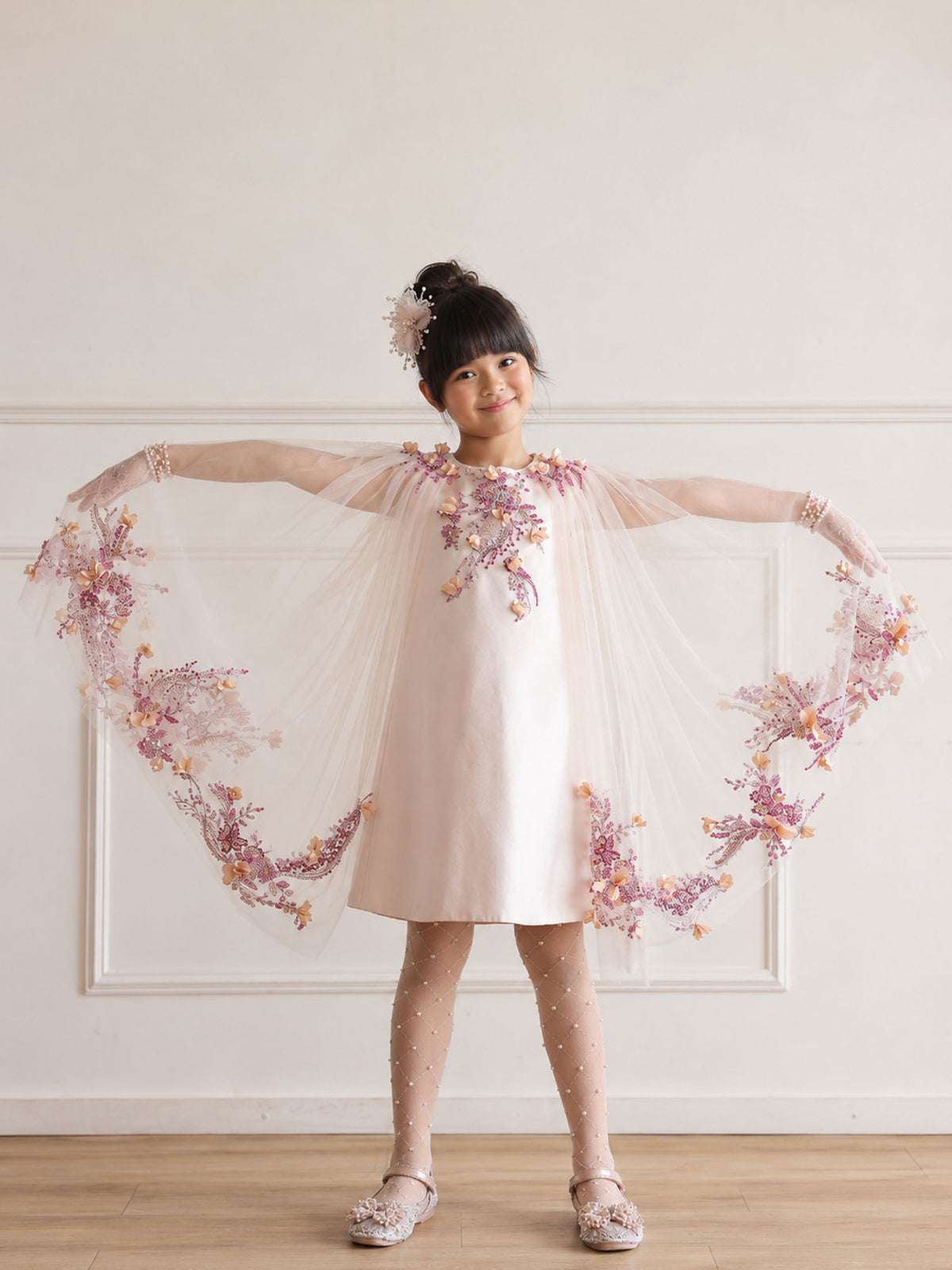 Serenade Blush Dress with 3D Embroidered Tulle Cape
