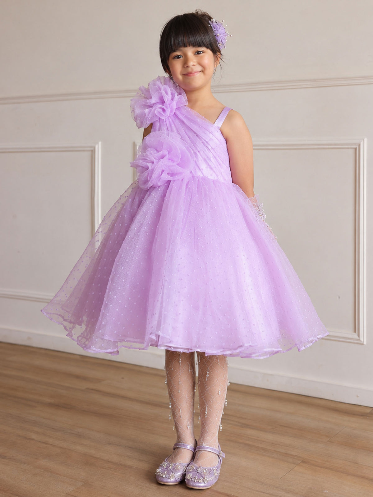 Lavender Dotted Cascade Tulle Dress for Girls