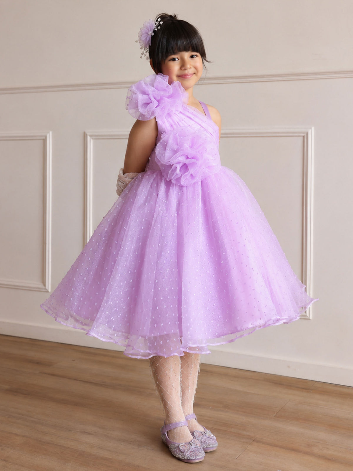 Lavender Dotted Cascade Tulle Dress for Girls