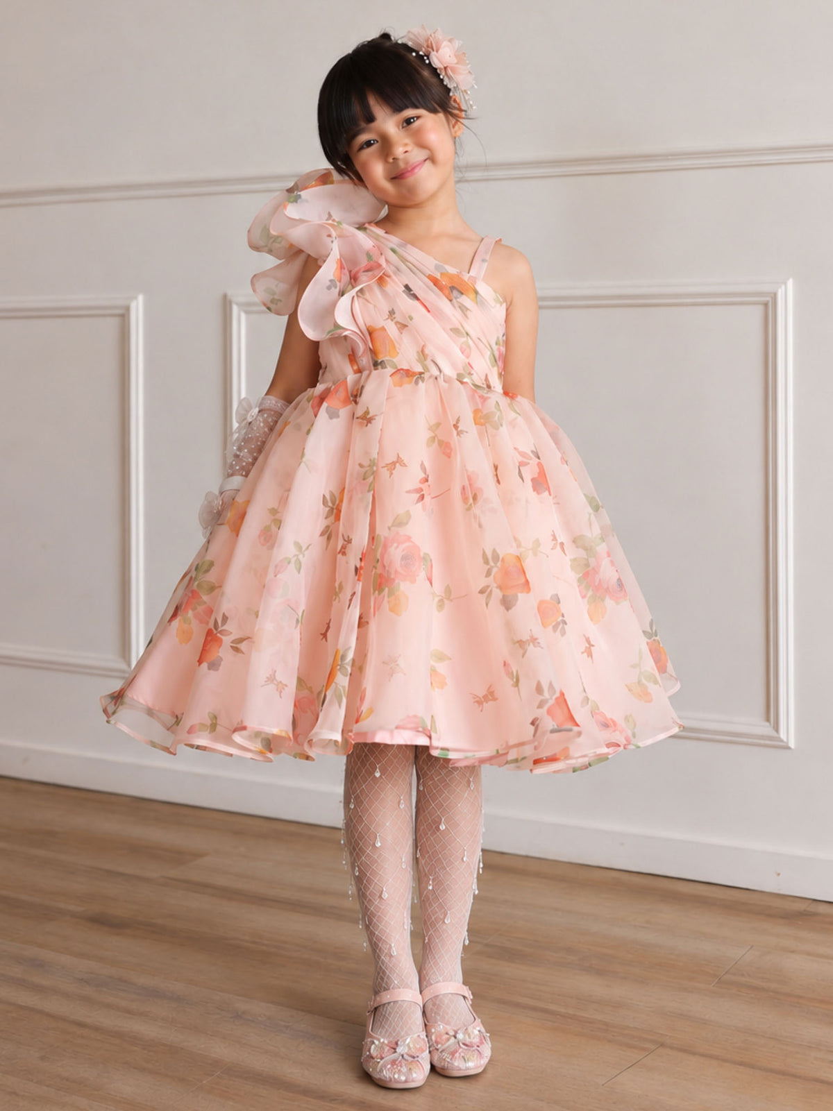 JANYAS CLOSET Peach Aria One Shoulder Kids Party Dress