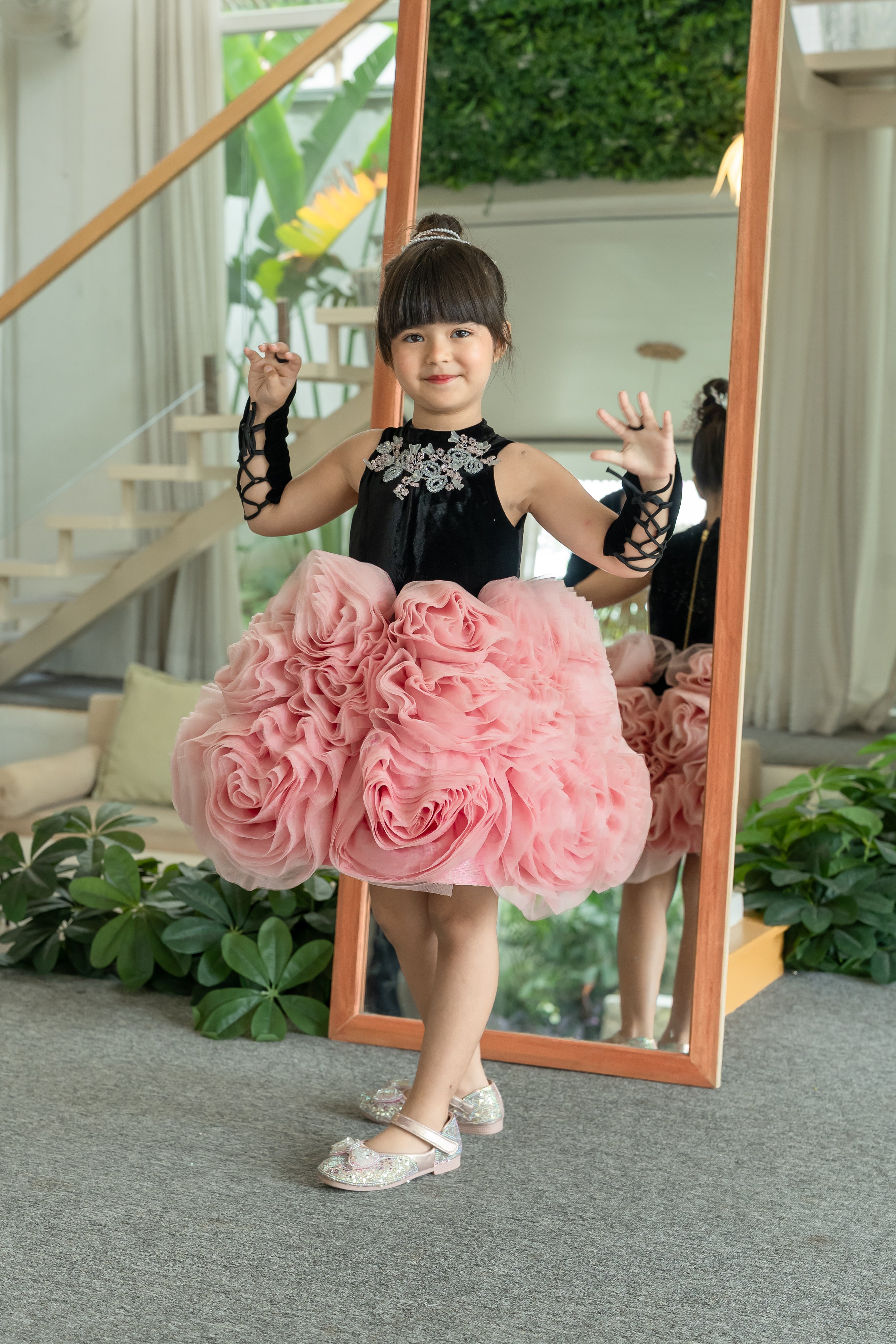 JANYAS CLOSET Velvet Blossom Rosette Party Dress for Girls