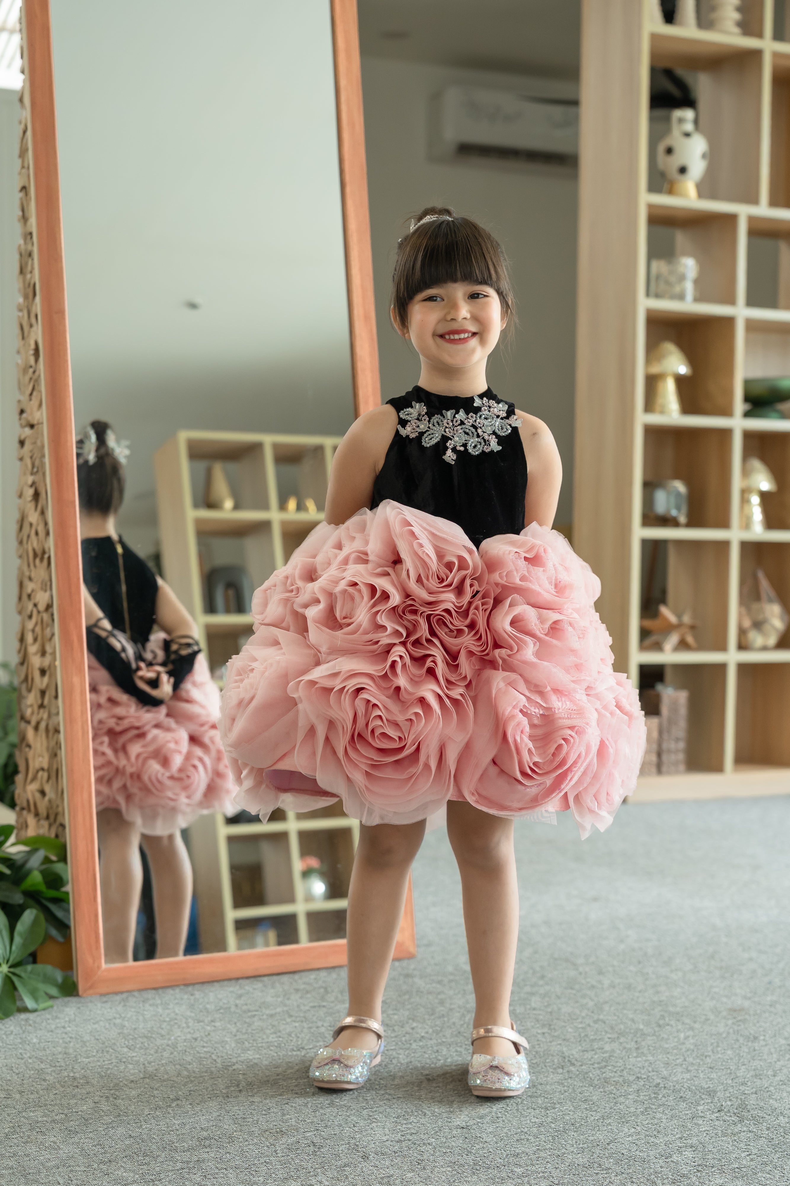 JANYAS CLOSET Velvet Blossom Rosette Party Dress for Girls
