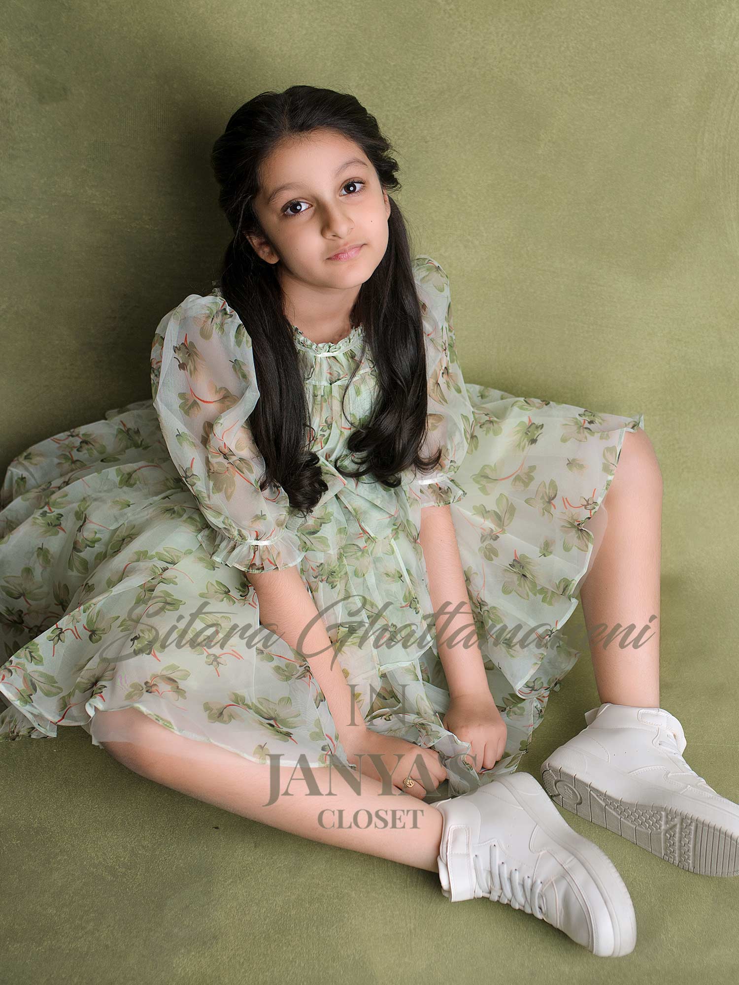 Green Floral Teens Oraganza Dress With Hair Aceesory