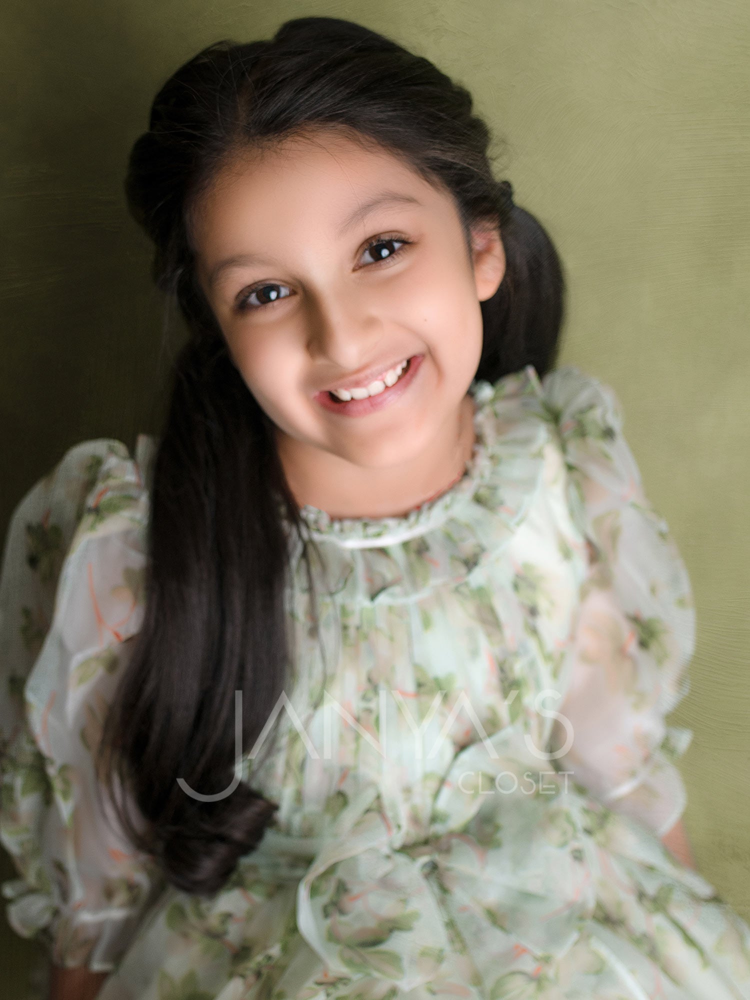 Green Floral Teens Oraganza Dress With Hair Aceesory