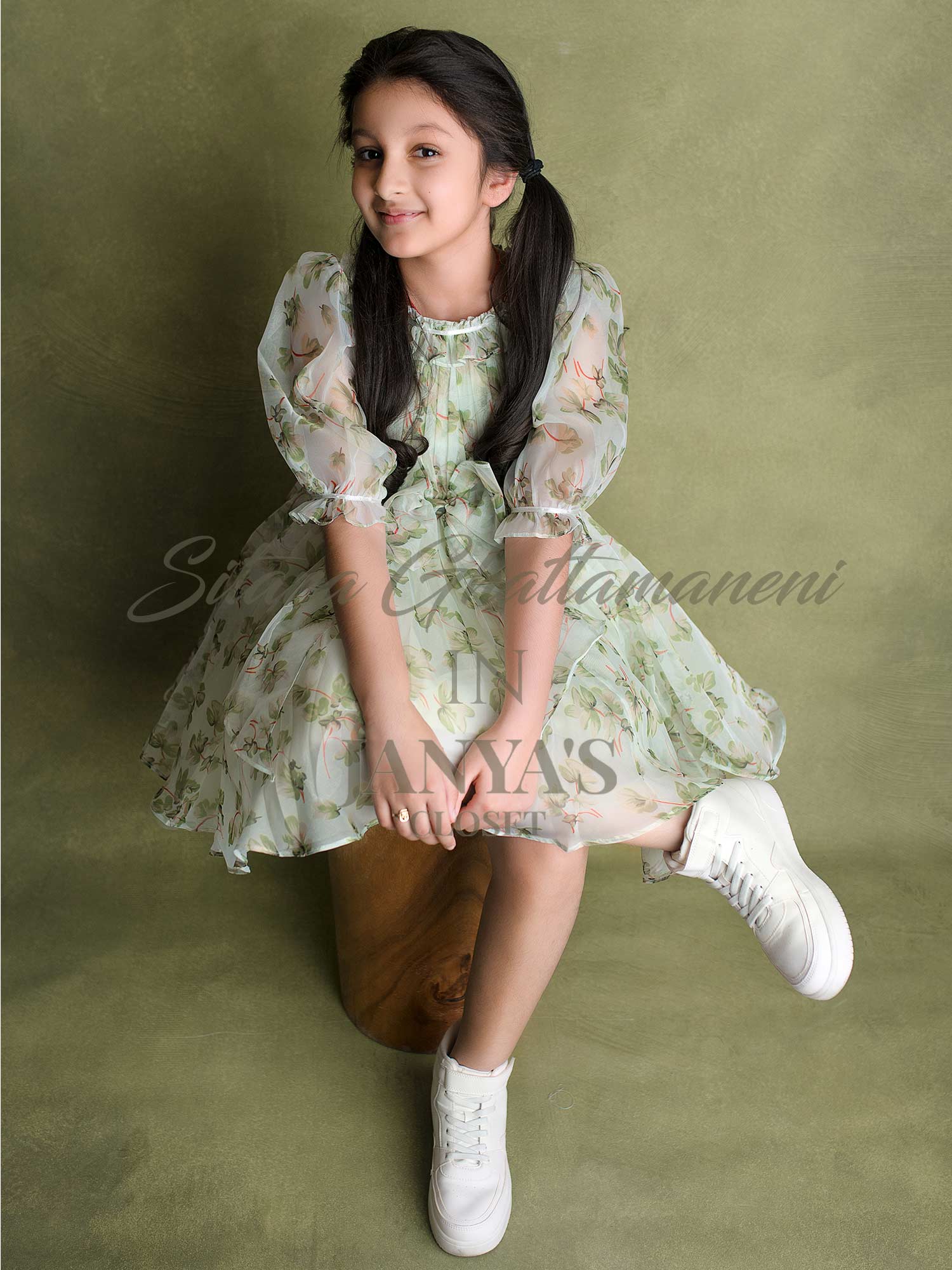 Green Floral Teens Oraganza Dress With Hair Aceesory