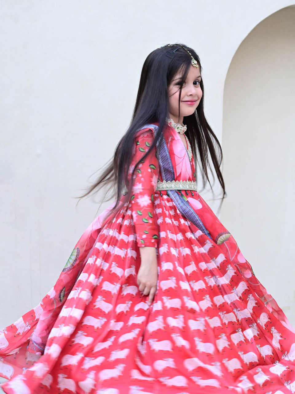 Sample JANYAS CLOSET Red Printed Anarkali Gown with Dupatta for Girls