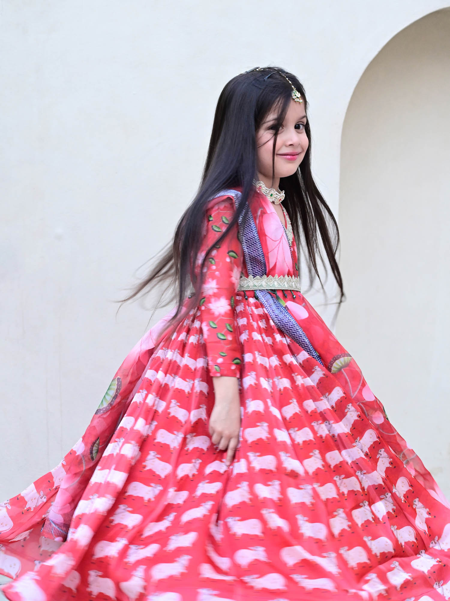 JANYAS CLOSET Red Printed Anarkali Gown with Dupatta for Girls