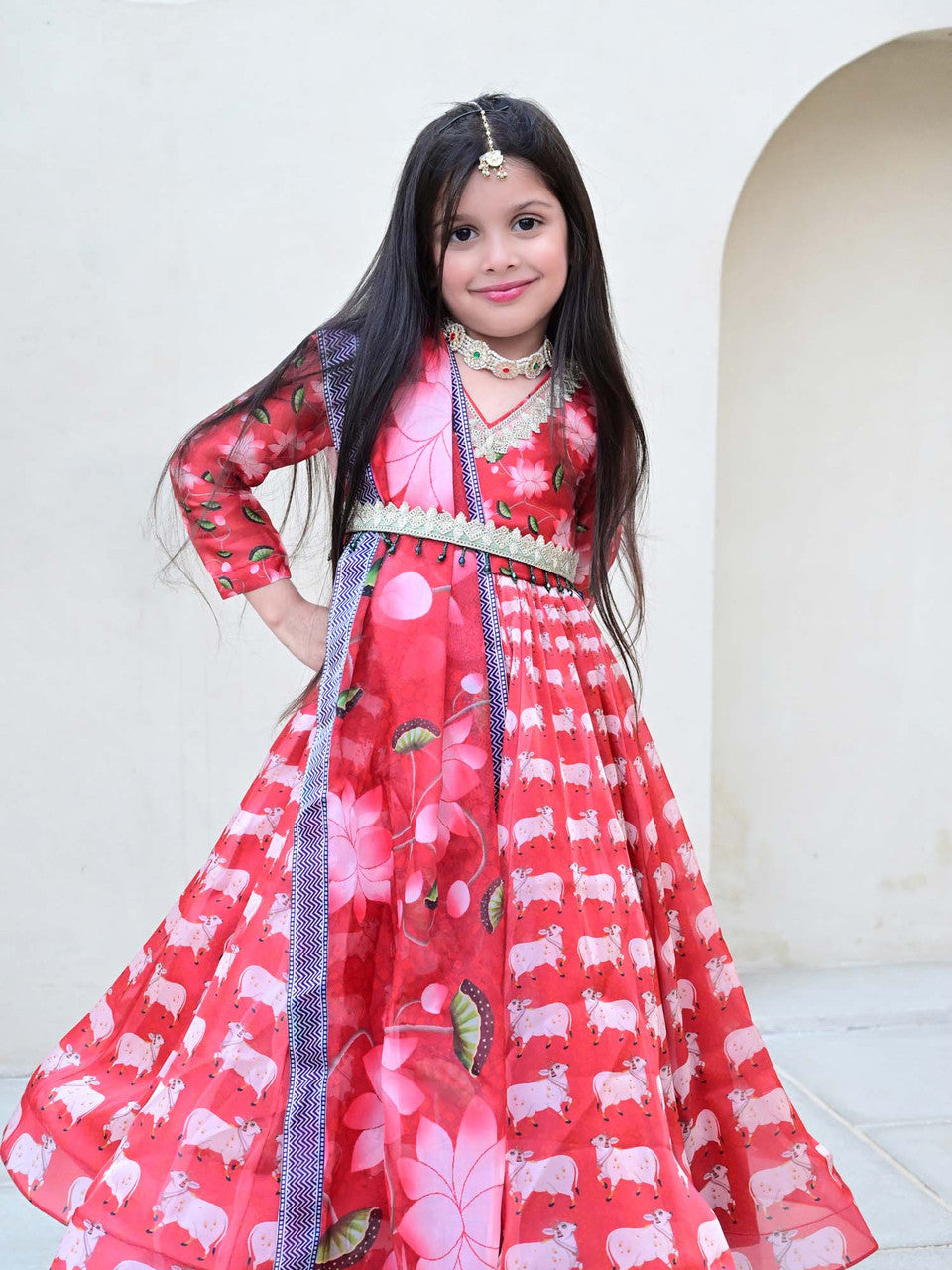 Sample JANYAS CLOSET Red Printed Anarkali Gown with Dupatta for Girls