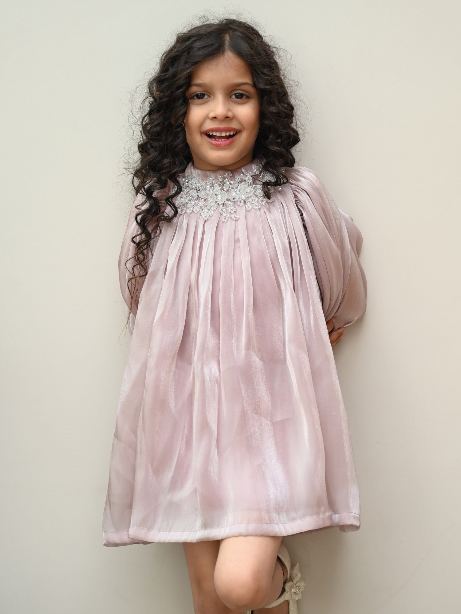 Sample JANYAS CLOSET Mauve Pink Metallic Organza Dress with Puff Sleeves