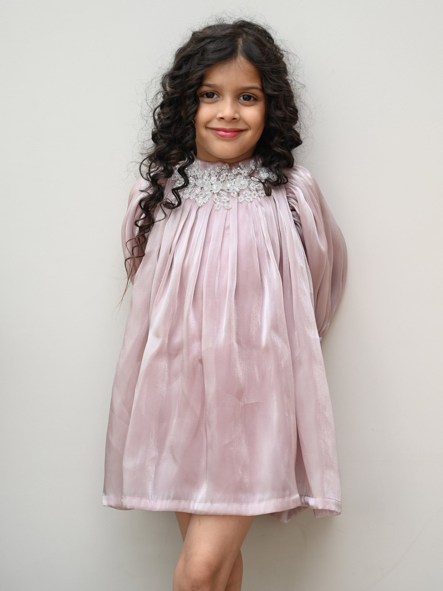 Sample JANYAS CLOSET Mauve Pink Metallic Organza Dress with Puff Sleeves