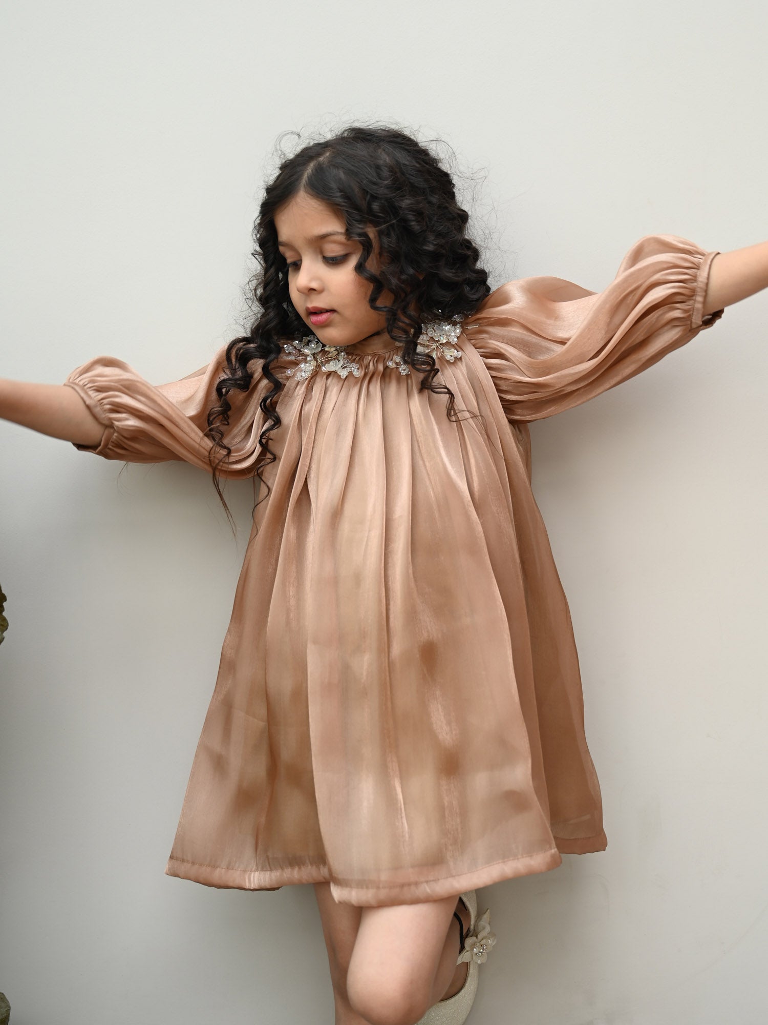 JANYAS CLOSET Metallic Gold Organza Dress with Puff Sleeves