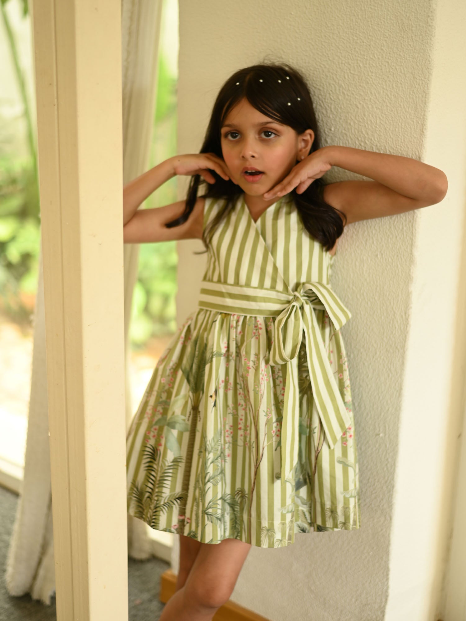 JANYAS CLOSET Green Striped Cotton Dress with Belt & Floral Print