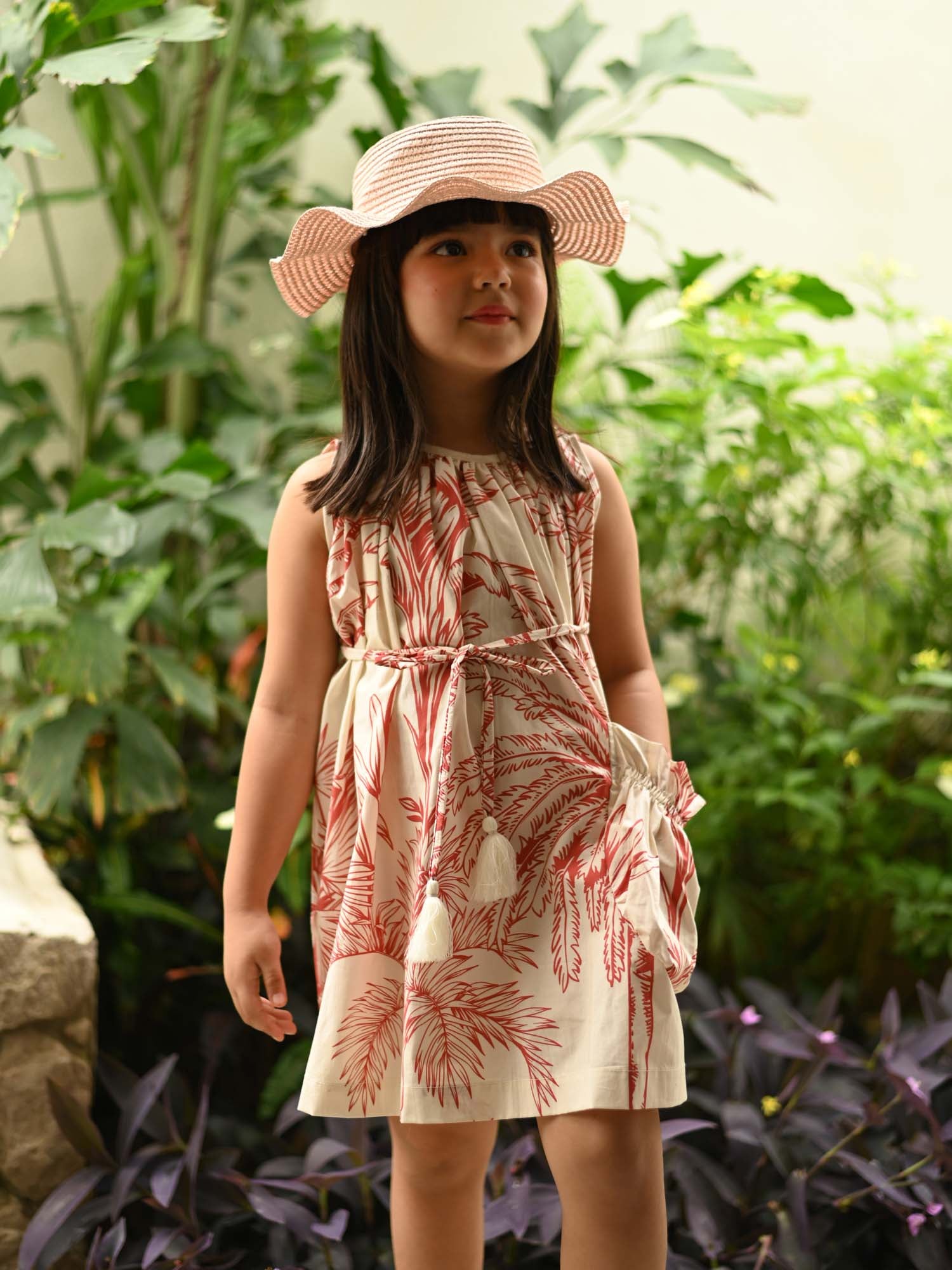 JANYAS CLOSET Red Leaf Print Cotton Dress with Belt & Pocket