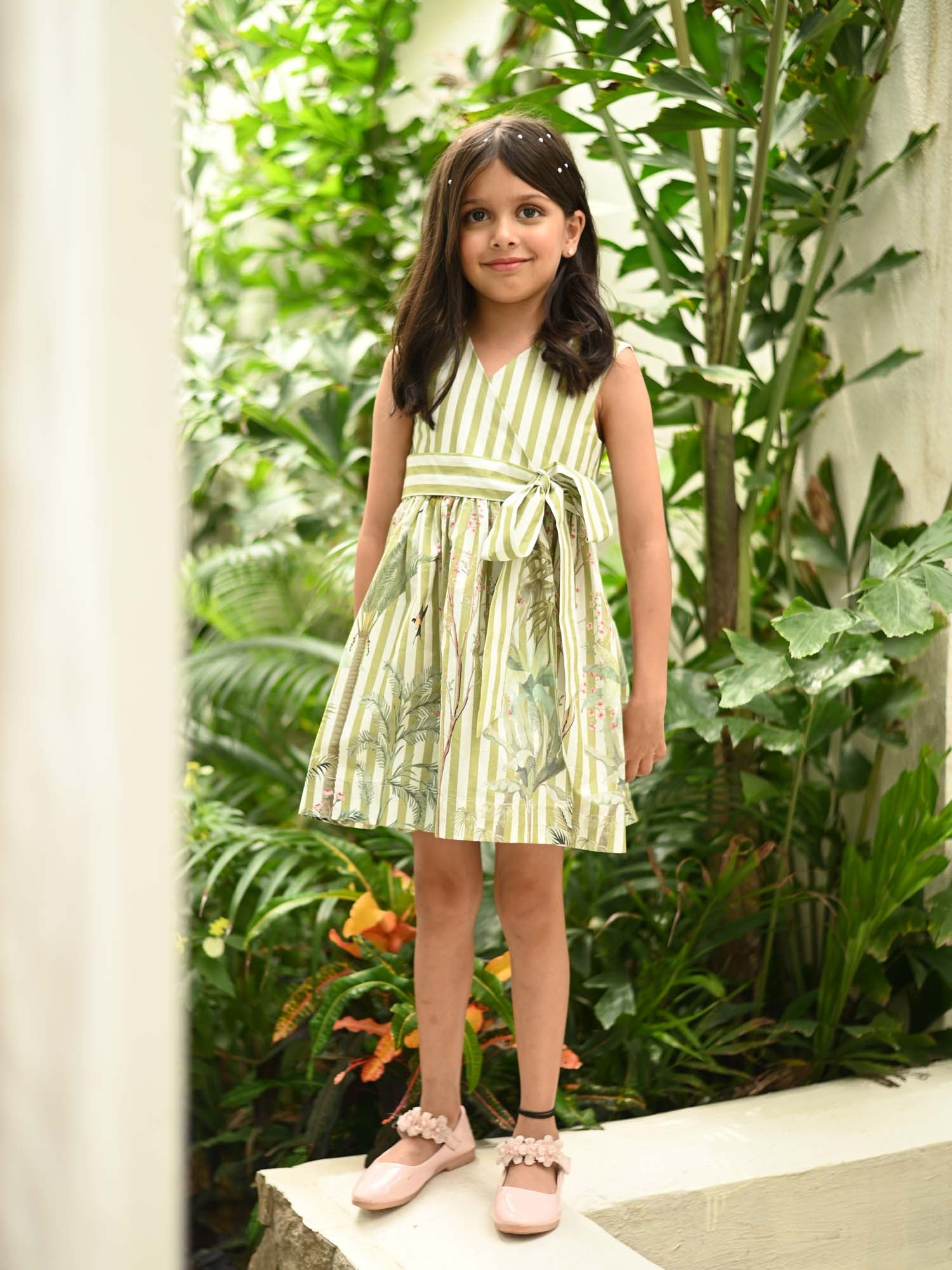 JANYAS CLOSET Green Striped Cotton Dress with Belt & Floral Print