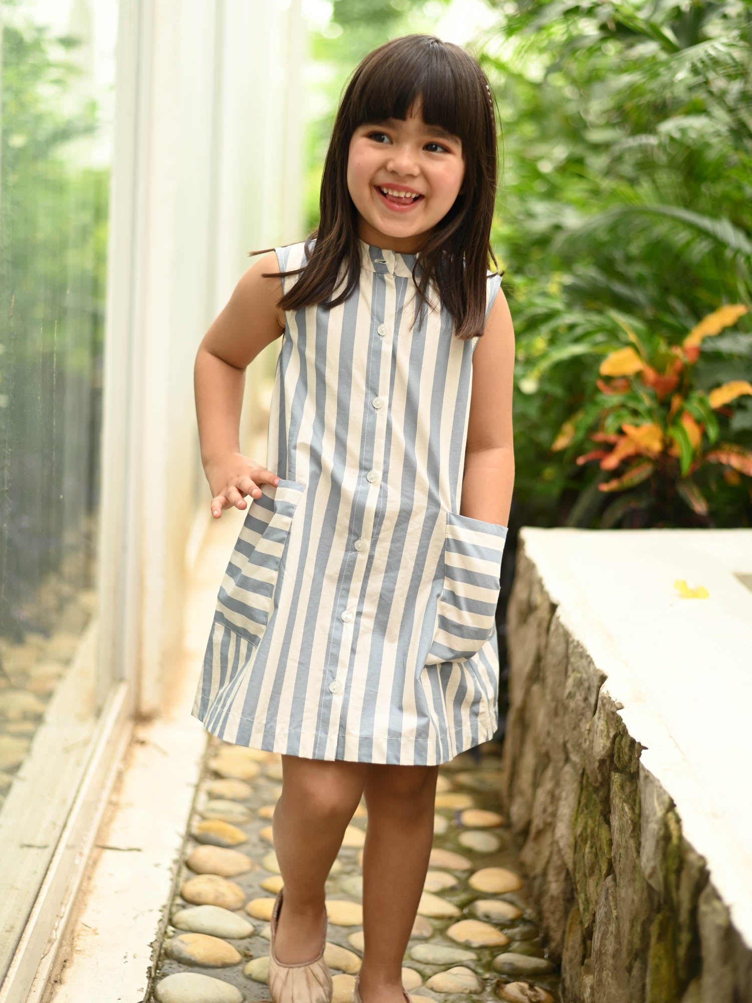 JANYAS CLOSET Blue Striped Cotton Shirt Dress with Pockets