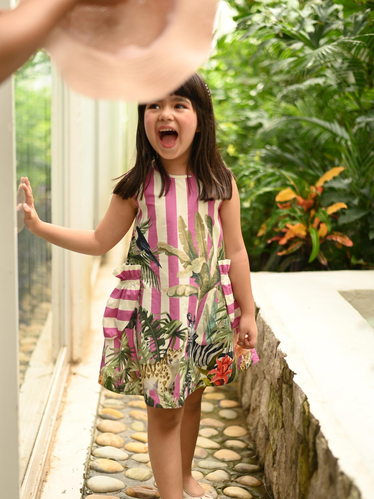 JANYAS CLOSET Pink Jungle Print Cotton Dress with Pockets