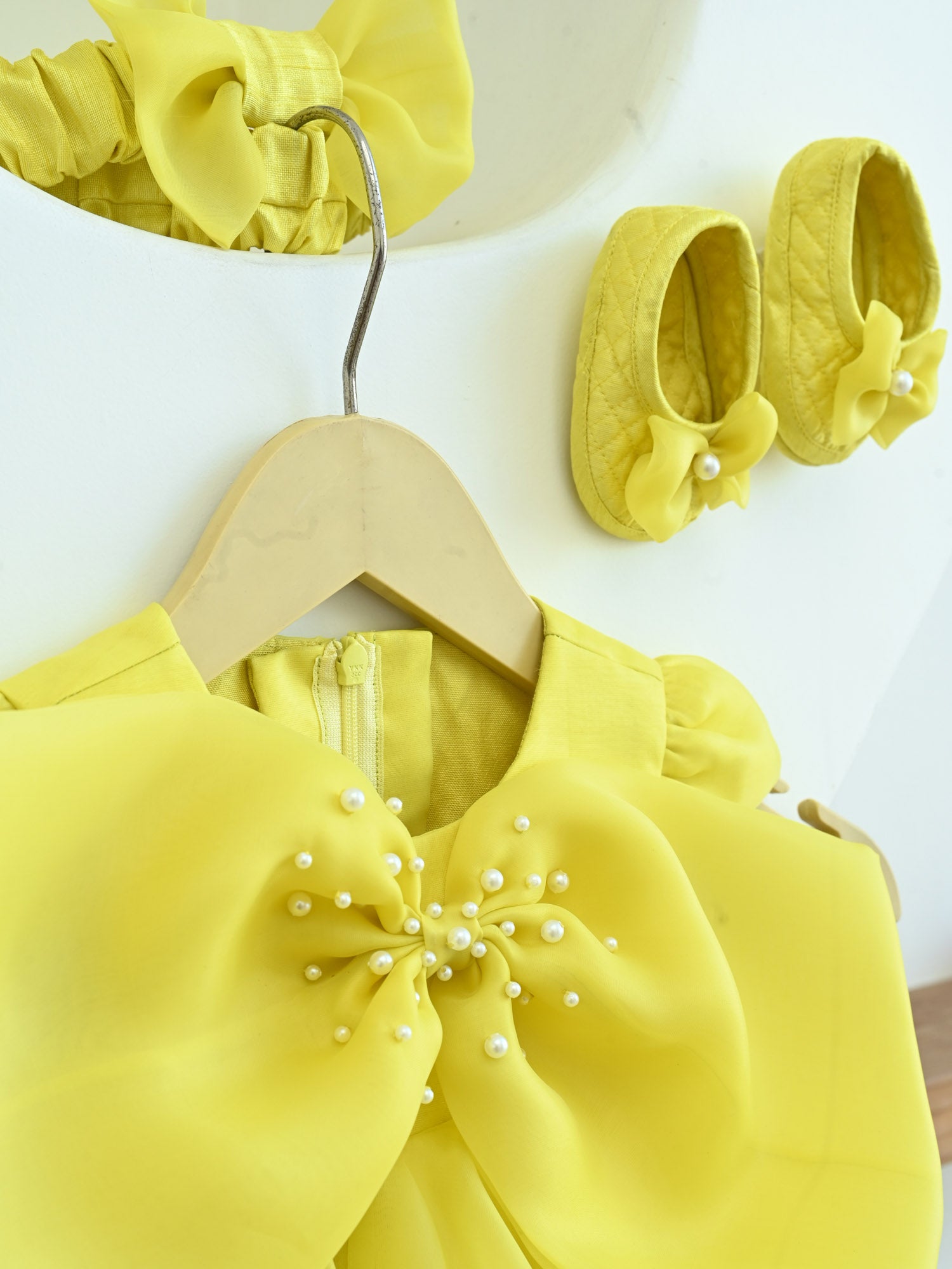 JANYAS CLOSET Yellow Sunshine Pearl Bow Dress Set for Newborns
