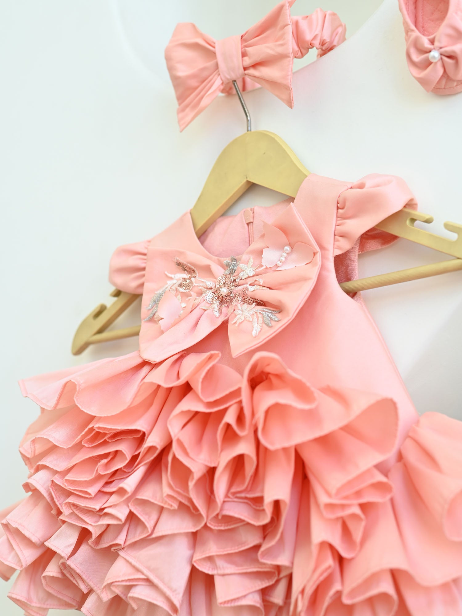 JANYAS CLOSET New Born Peach Taffeta Ruffle Dress with Bow