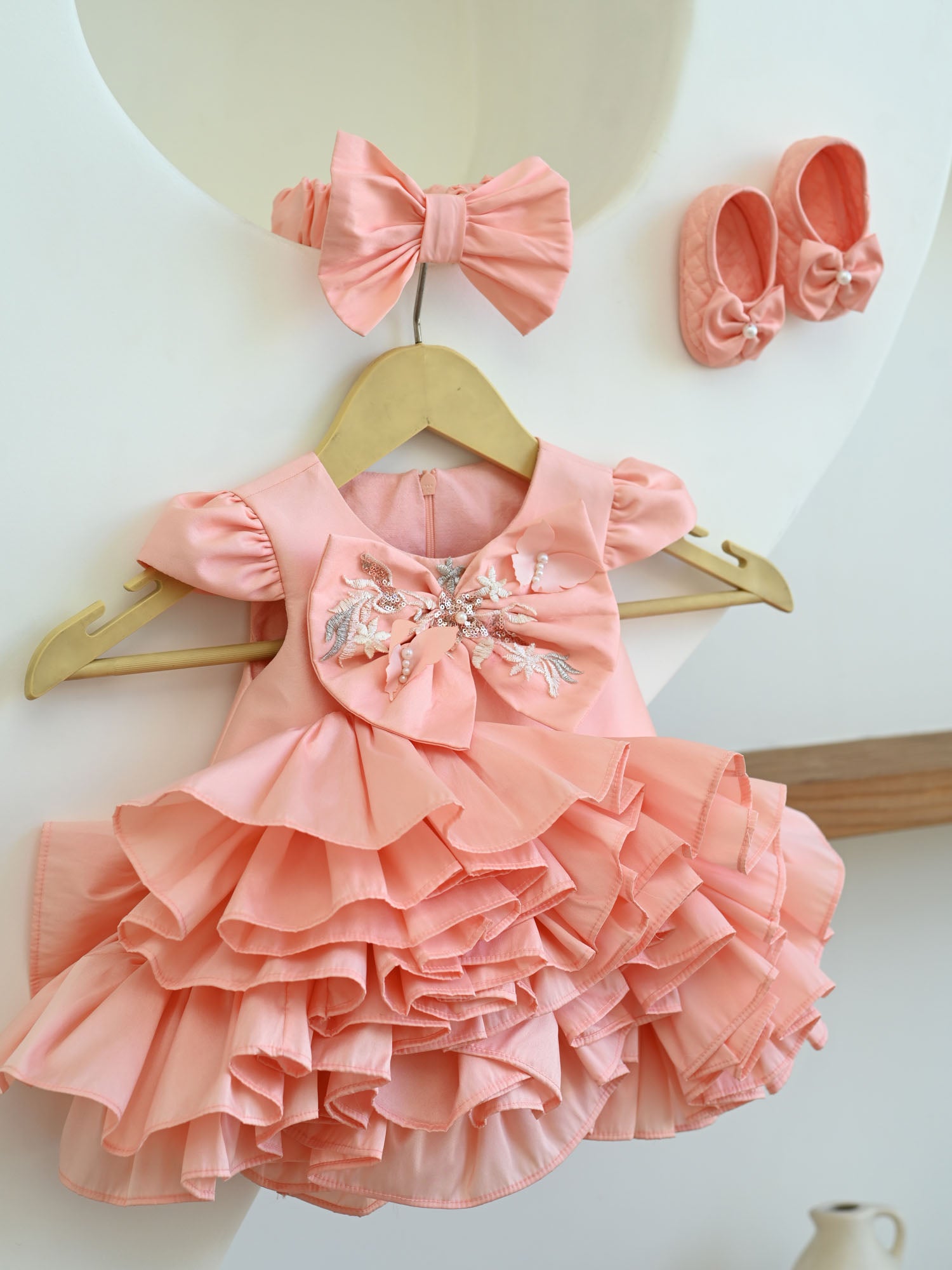 JANYAS CLOSET New Born Peach Taffeta Ruffle Dress with Bow