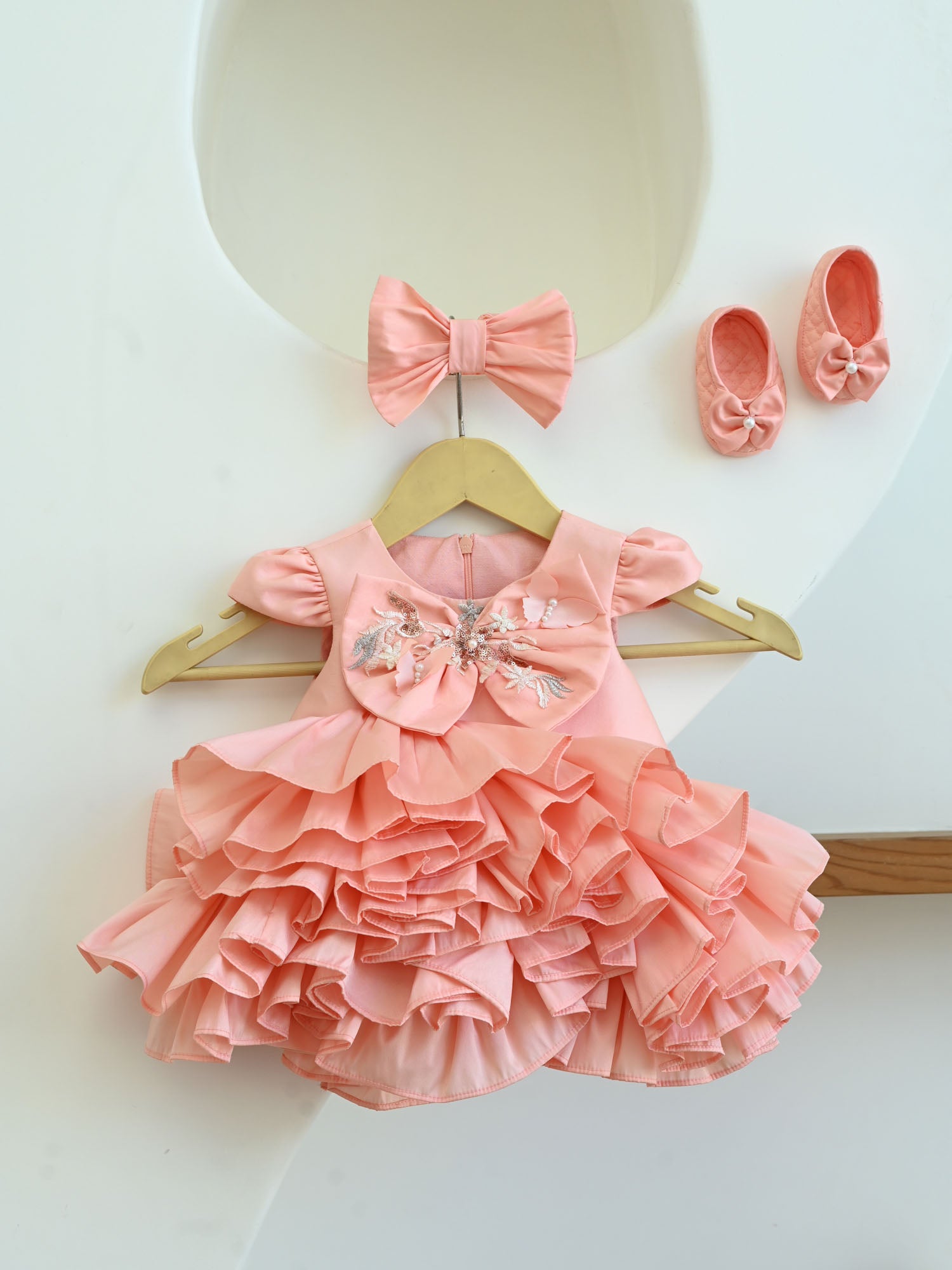 JANYAS CLOSET New Born Peach Taffeta Ruffle Dress with Bow