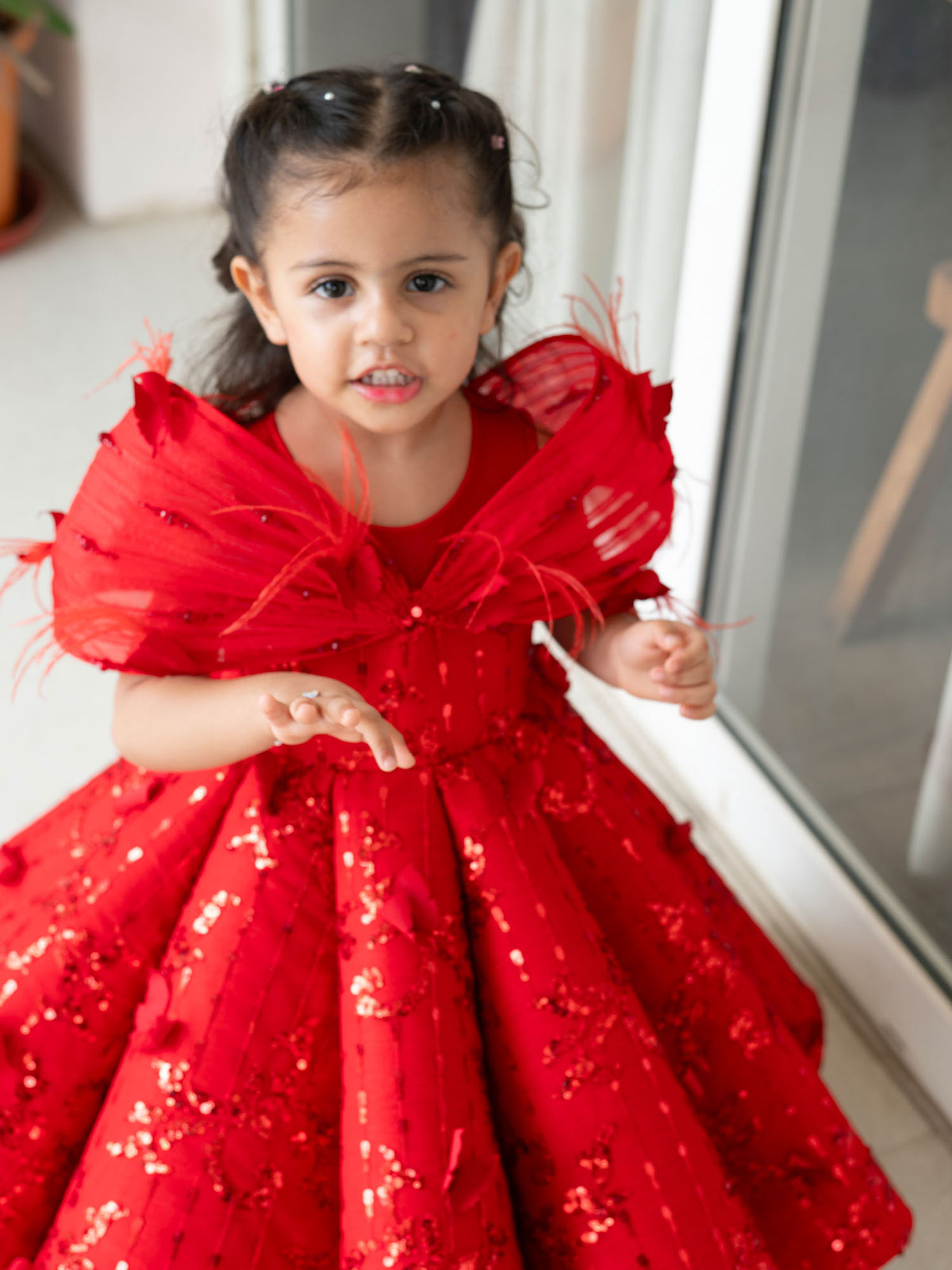 JANYAS CLOSET Red Ruby Feather Fantasy Couture Gown