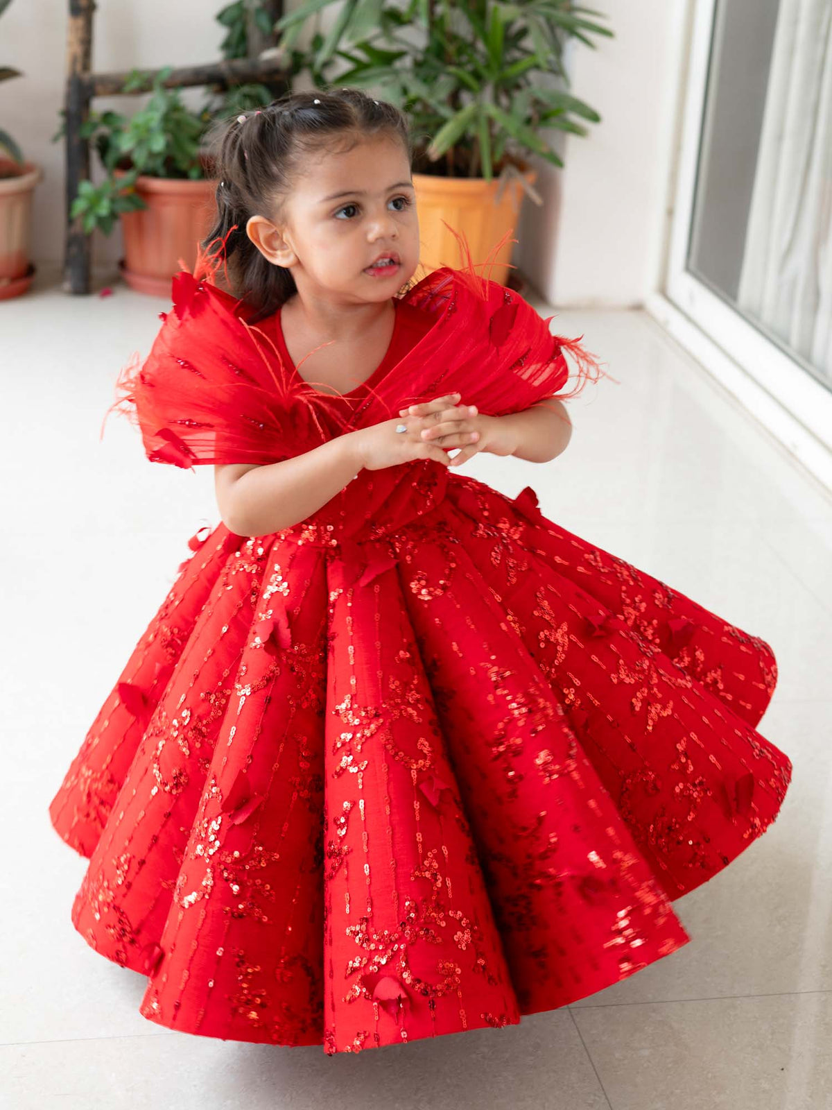 JANYAS CLOSET Red Ruby Feather Fantasy Couture Gown