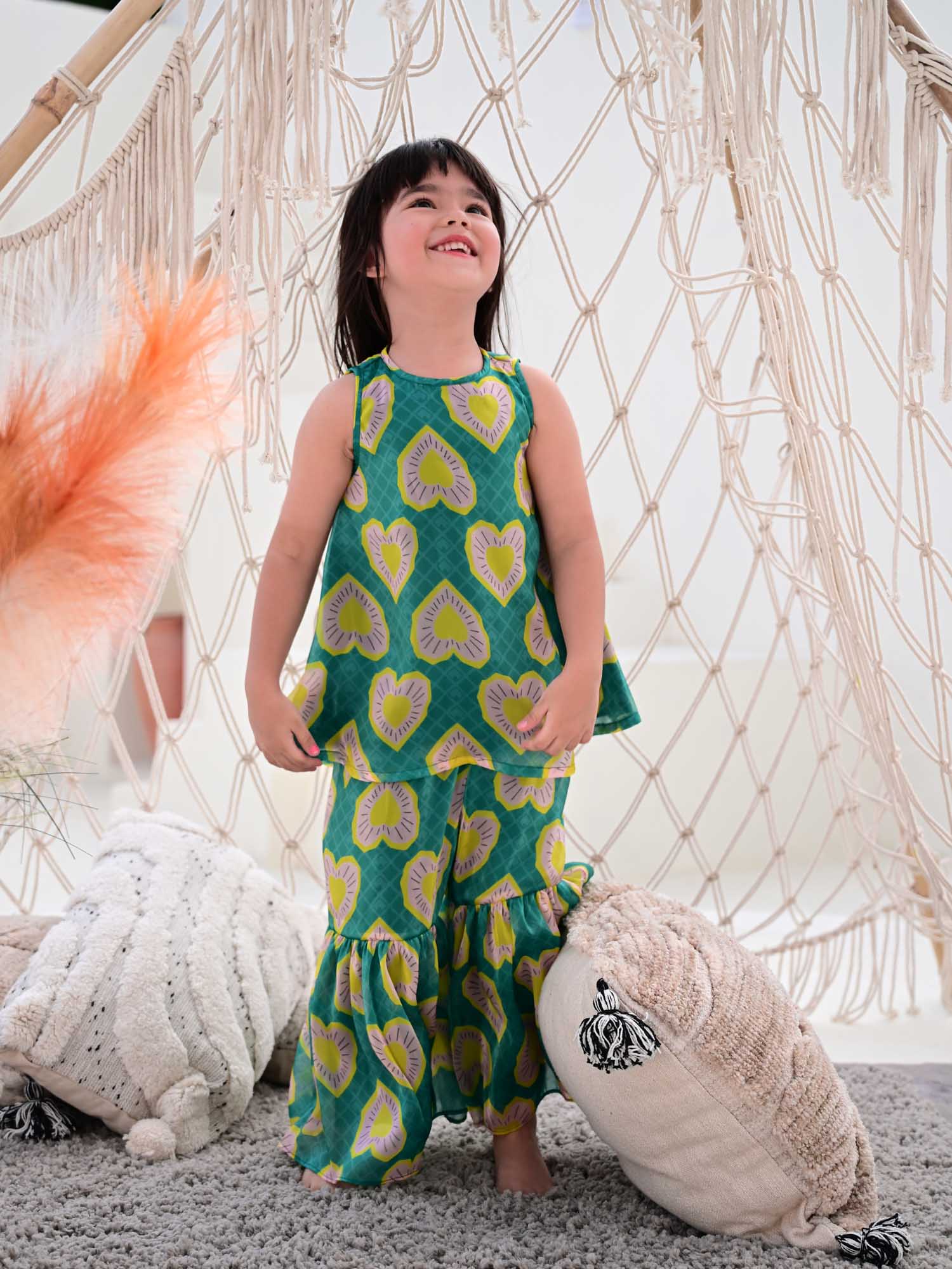 JANYAS CLOSET Heart Print Green Sharara Set for Girls