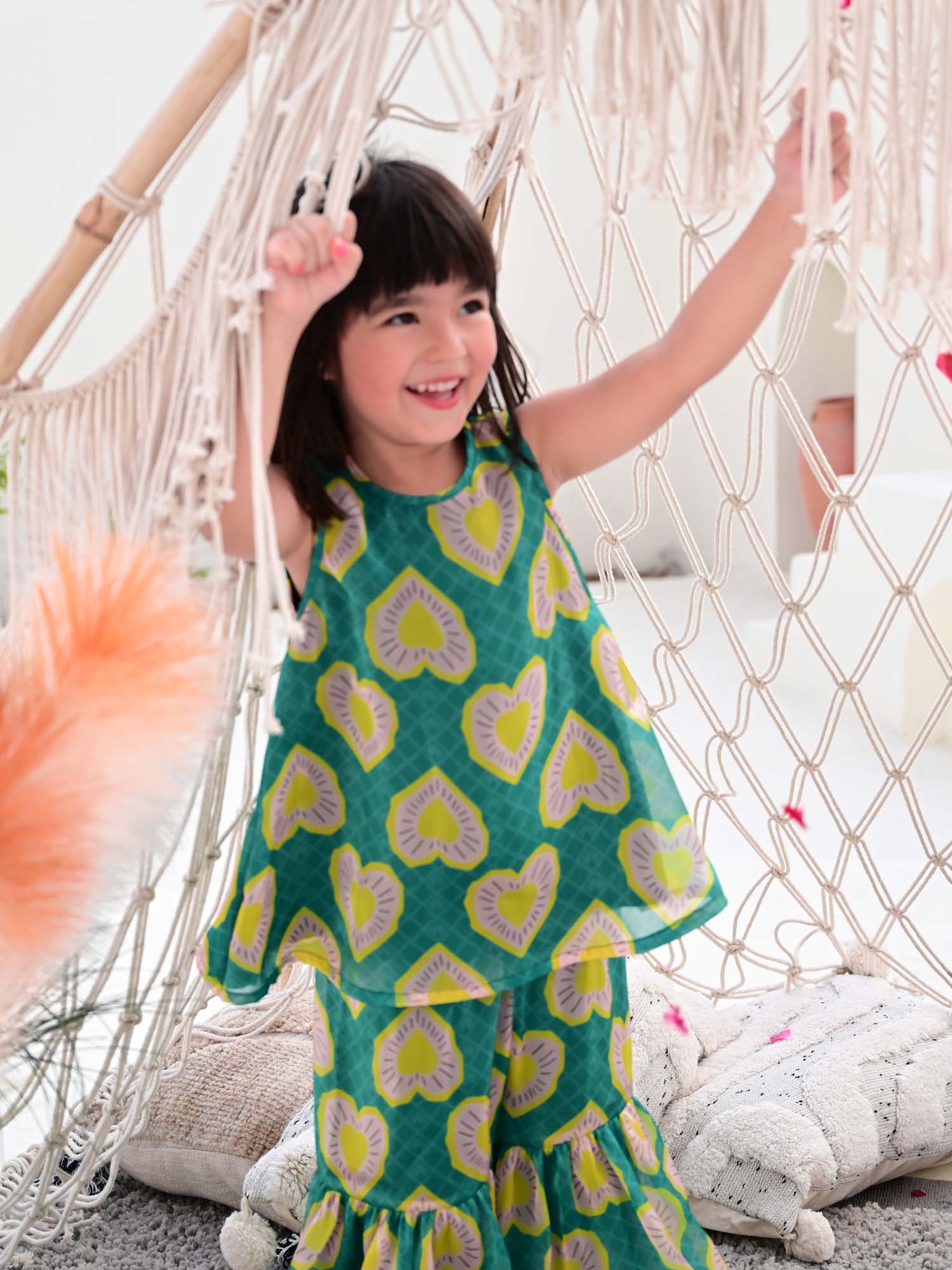 JANYAS CLOSET Heart Print Green Sharara Set for Girls