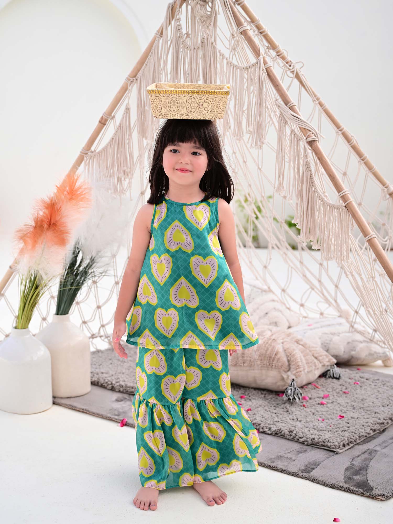JANYAS CLOSET Heart Print Green Sharara Set for Girls