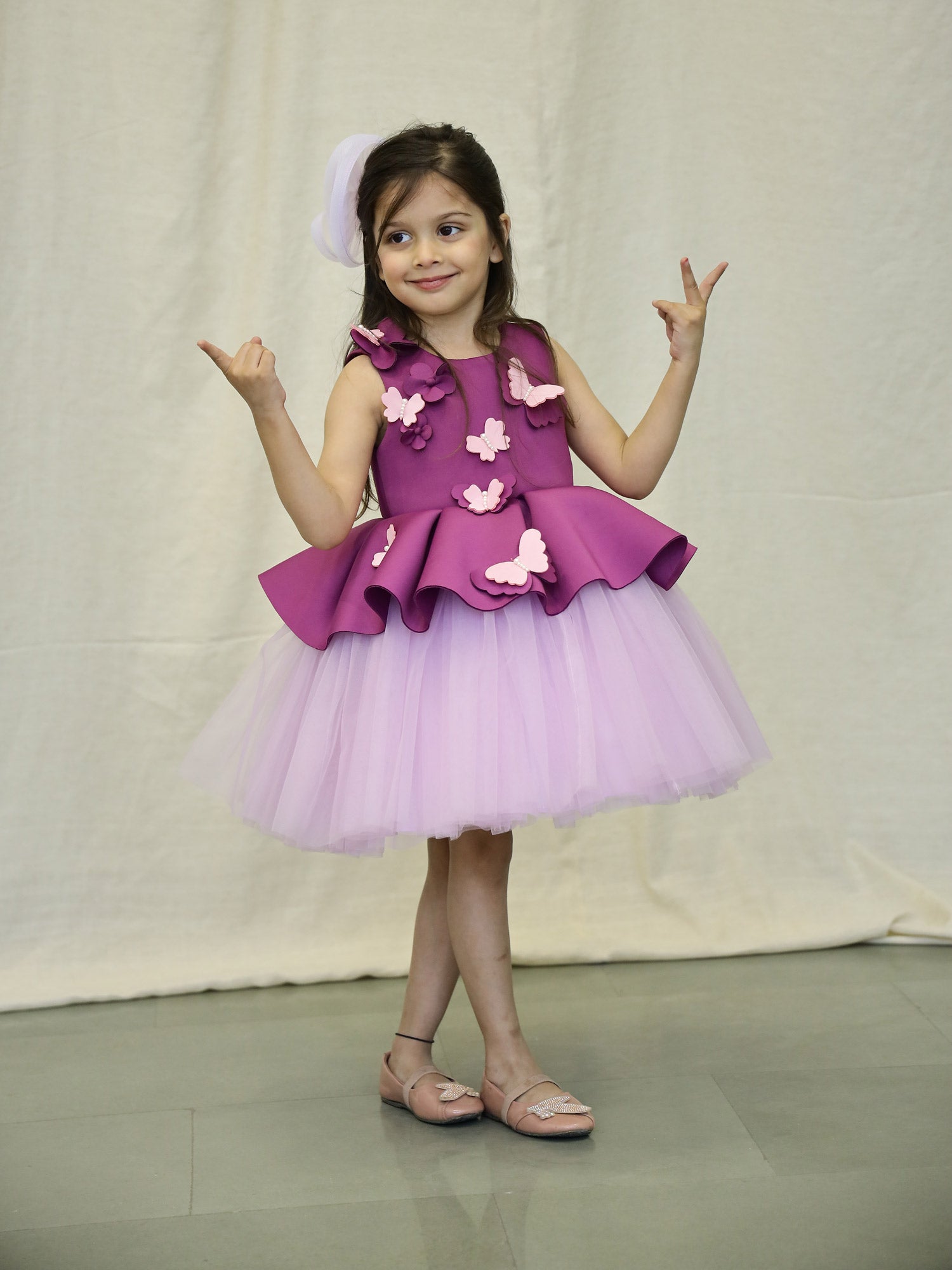 Butterfly Party Wear Peplum Dress With Hair Accessory