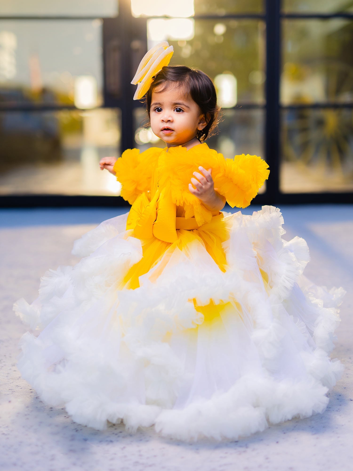 Yellow Shaded Enchanted Frilled Gown with Hair Pin