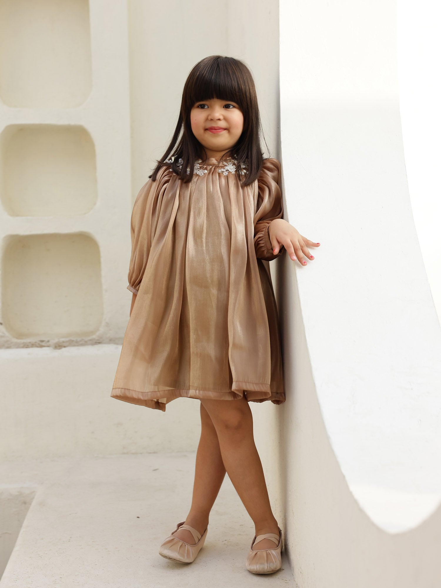 JANYAS CLOSET Metallic Gold Organza Dress with Puff Sleeves