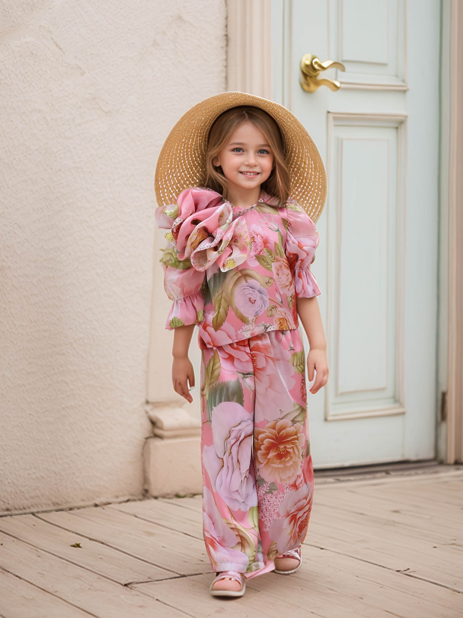 JANAYAS CLOSET: Peach Flower Printed Co-Ord Set for Girls