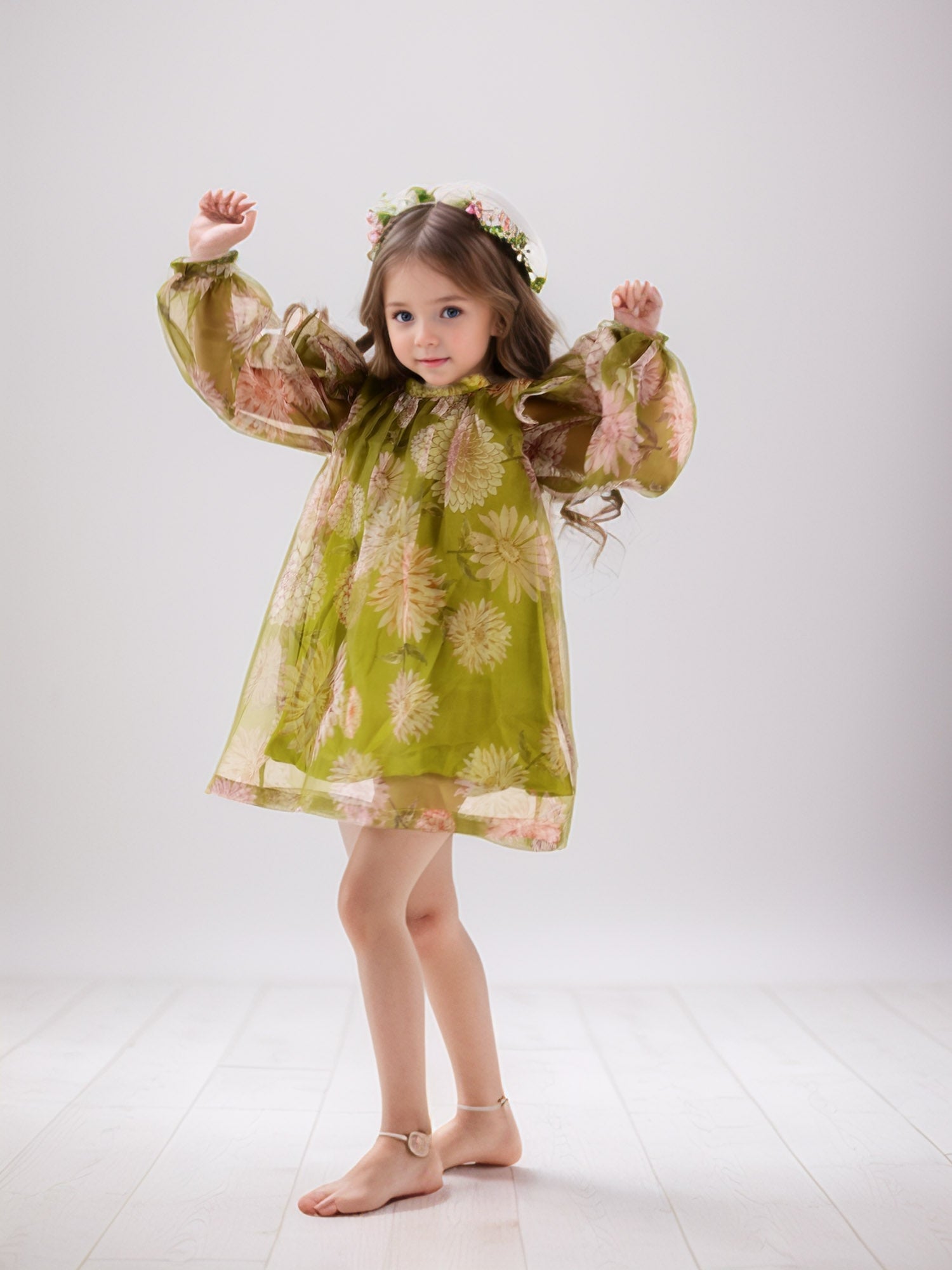 Sale Janya's Closet Tinkerbell's Green Floral Organza Dress