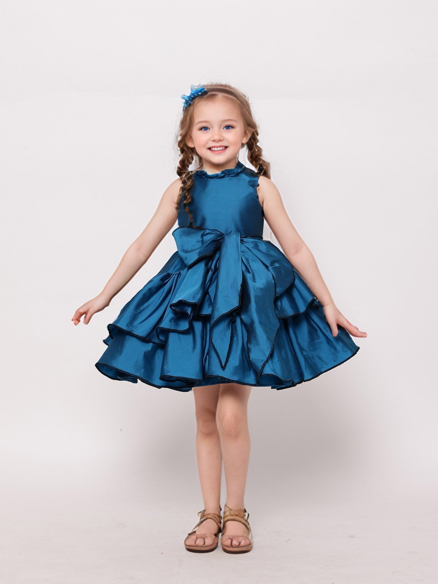 JANYAS CLOSET Elegant Teal Blue Taffeta Dress with Belt String