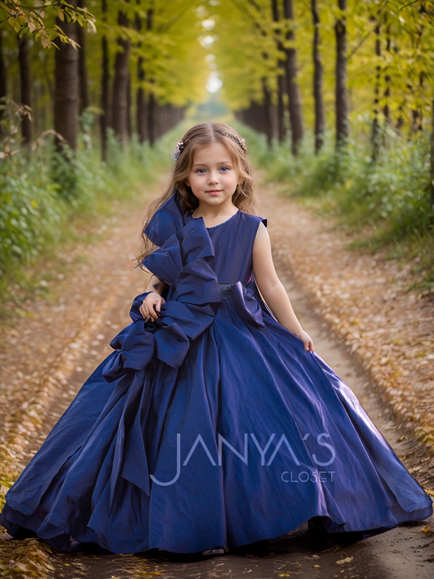 Blue Structured Bow Taffeta Gown With Hair Accessory