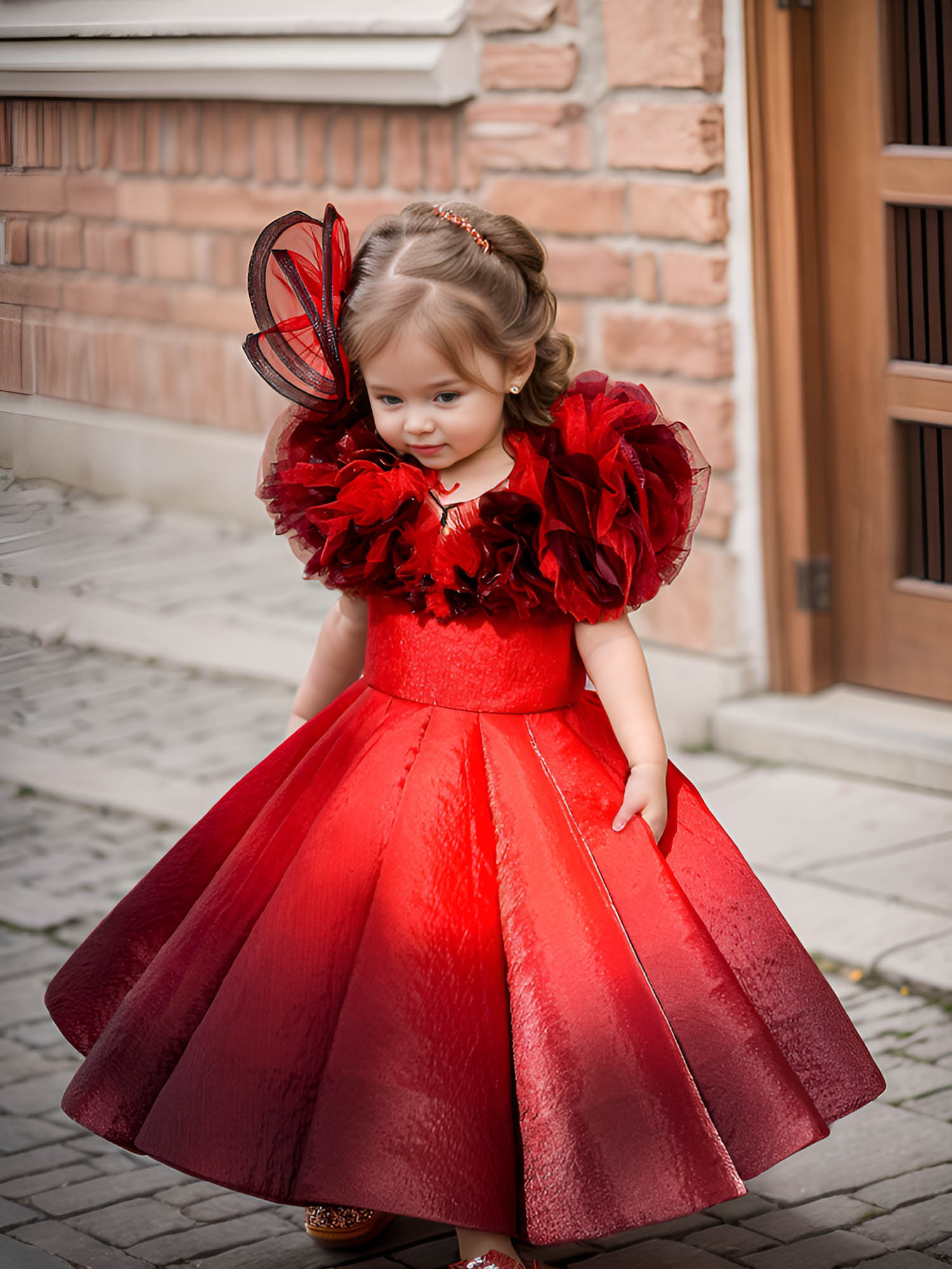 Shaded Red Couture Gown With Hair Accessory